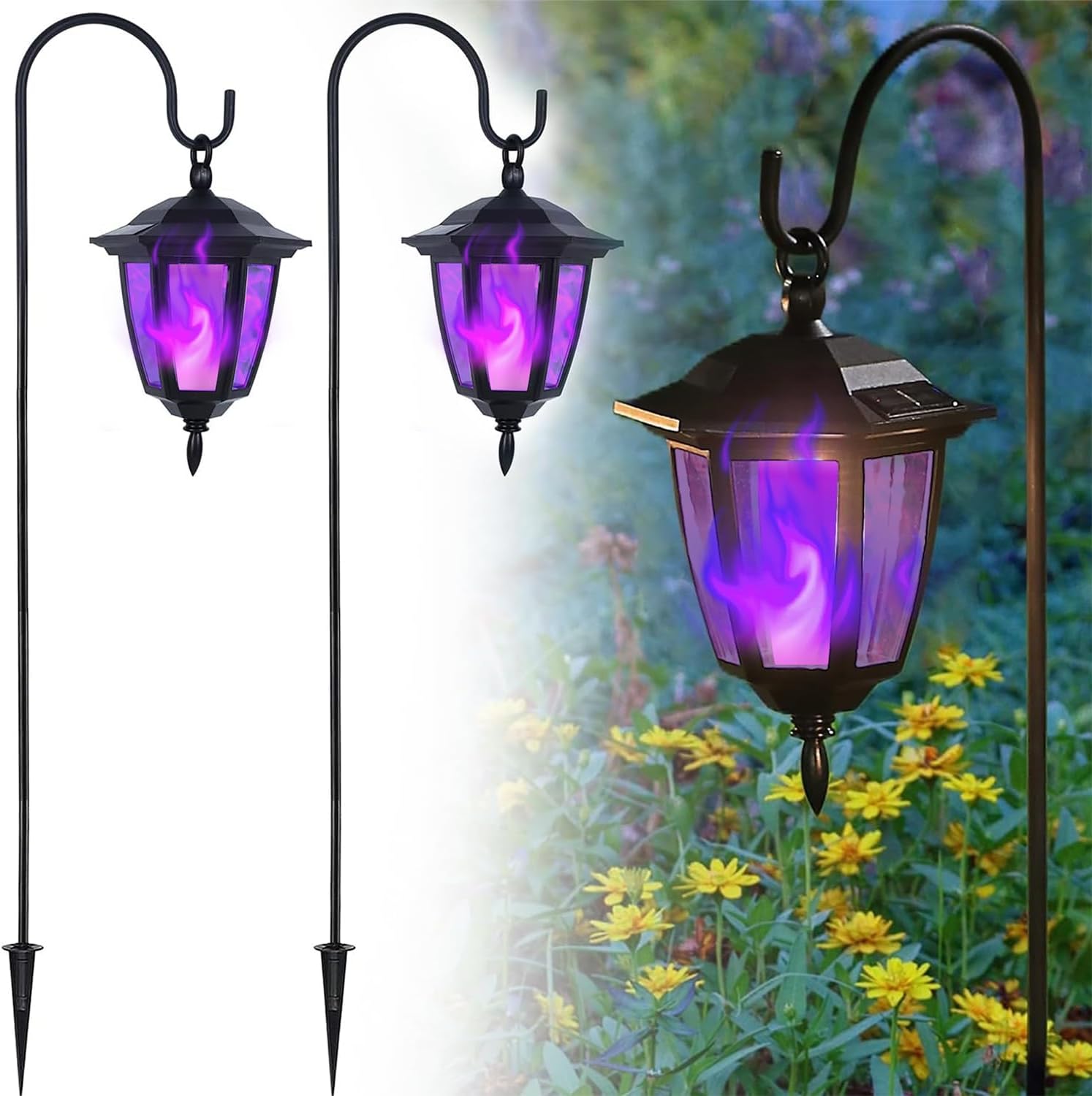 Dynaming 2 Pack Solar Halloween Flame Hanging Lights Outdoor, Flickering Flame LED Garden Lanterns with 2x38 Inch Shepherd Hooks, Landscape Lighting Waterproof for Lawn Yard Pathway Driveway, Purple