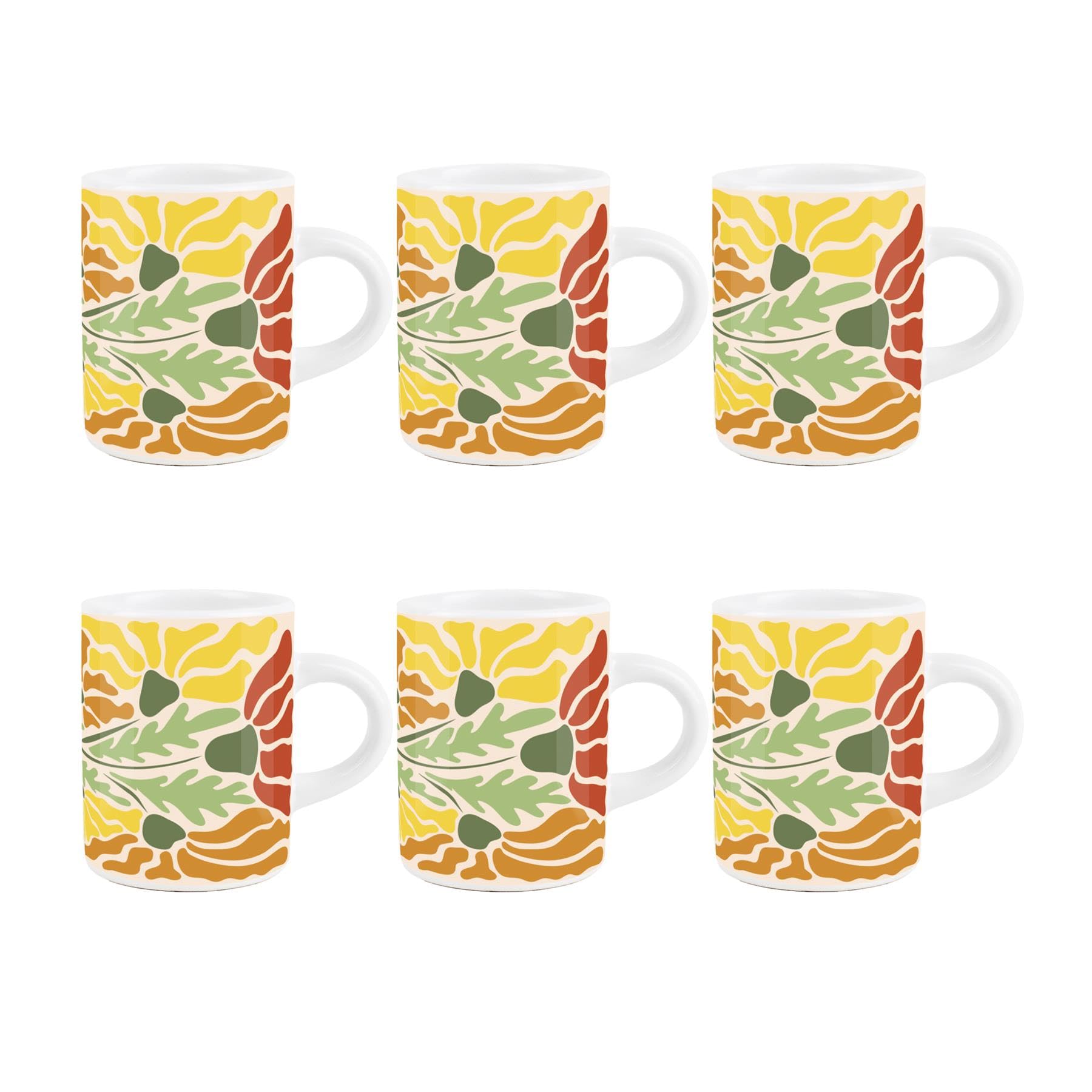 Purely Home Floral Espresso Cups - Orange Retro Blossom - Small Mini White Ceramic Coffee Shot Mugs Set of 6