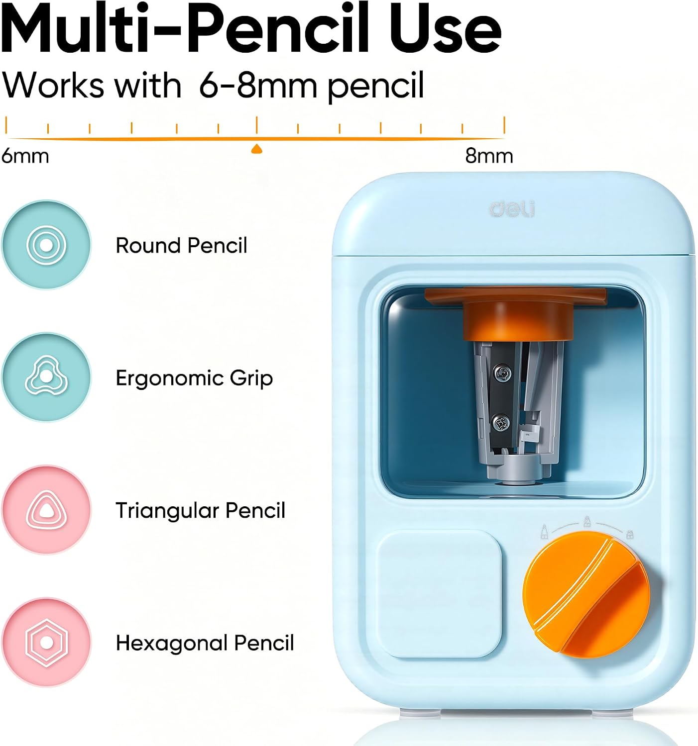 deli Electric Sharpener, Battery Powered, 3 Sizes for 6.5–8mm Pencil image 3