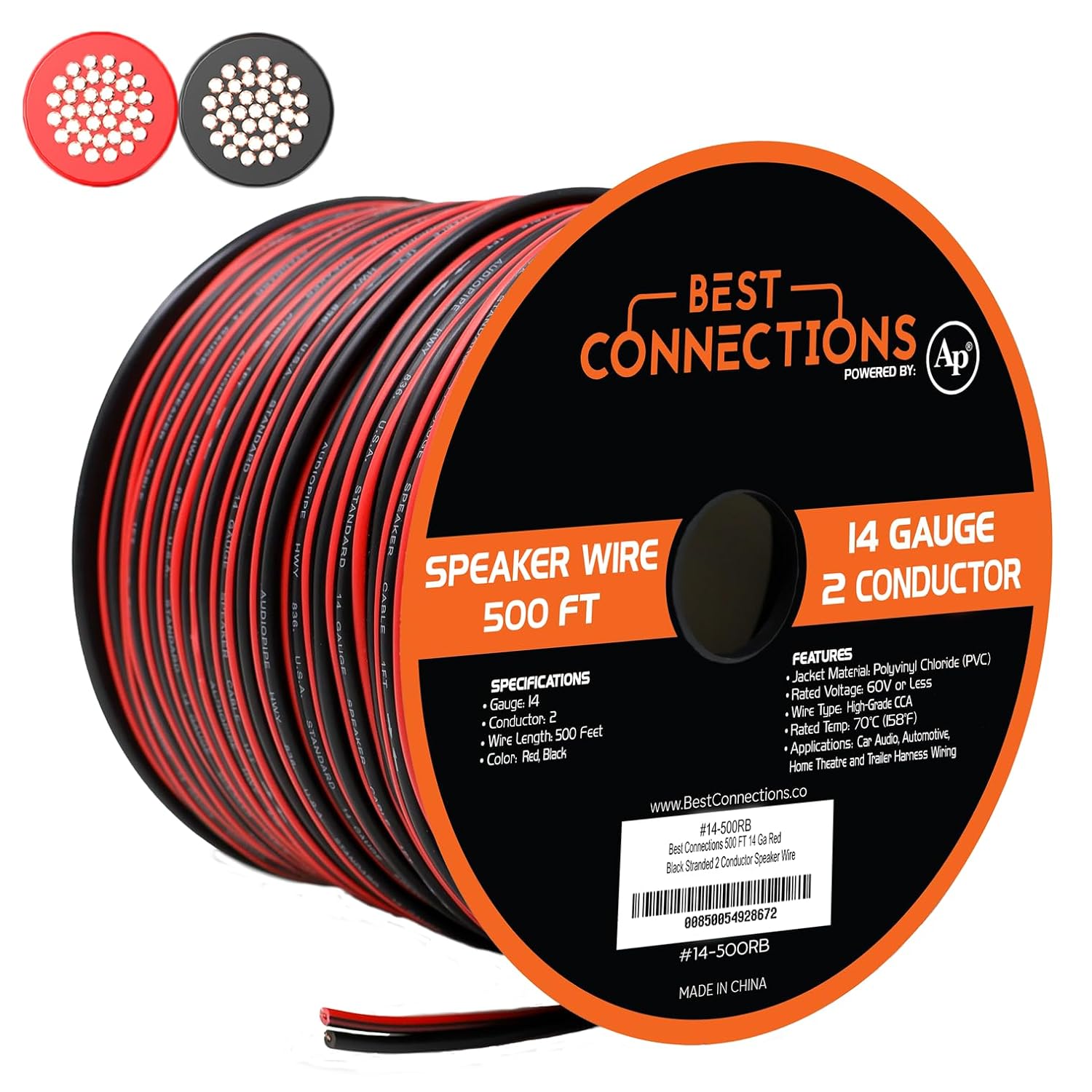 BEST CONNECTIONS Speaker Zip Wire (Various Gauge/Size Options) Primary Bonded Red & Black Speaker Cable Stranded Speaker Wire Car Audio Automotive Home Theatre (500 Feet, 14 Guage)