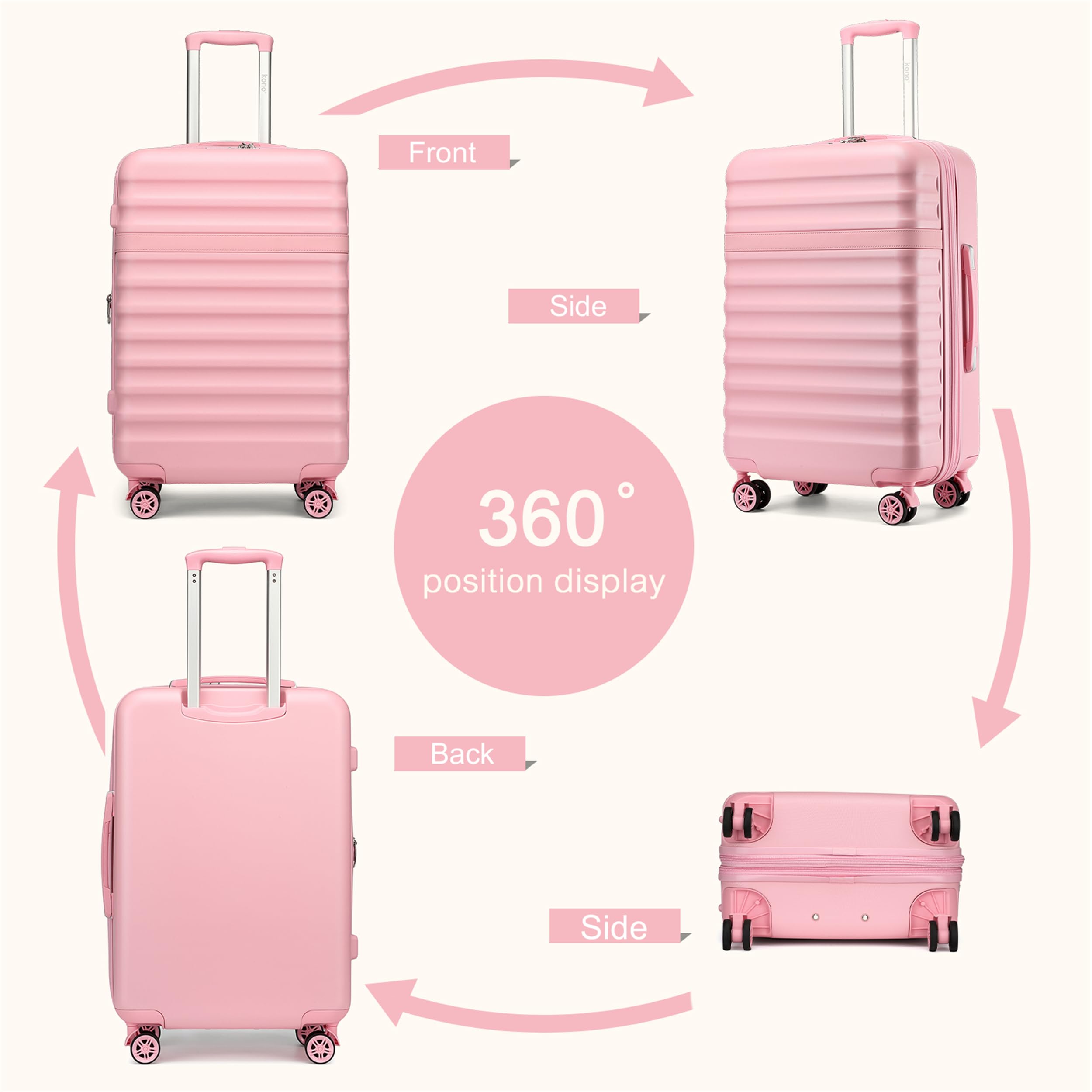 Kono Valise Soute Extensible Léger et Rigide ABS+PC Durable Valise Moyenne avec 4 Roues Silencieuses à 360° et Serrures TSA (Rose,L)