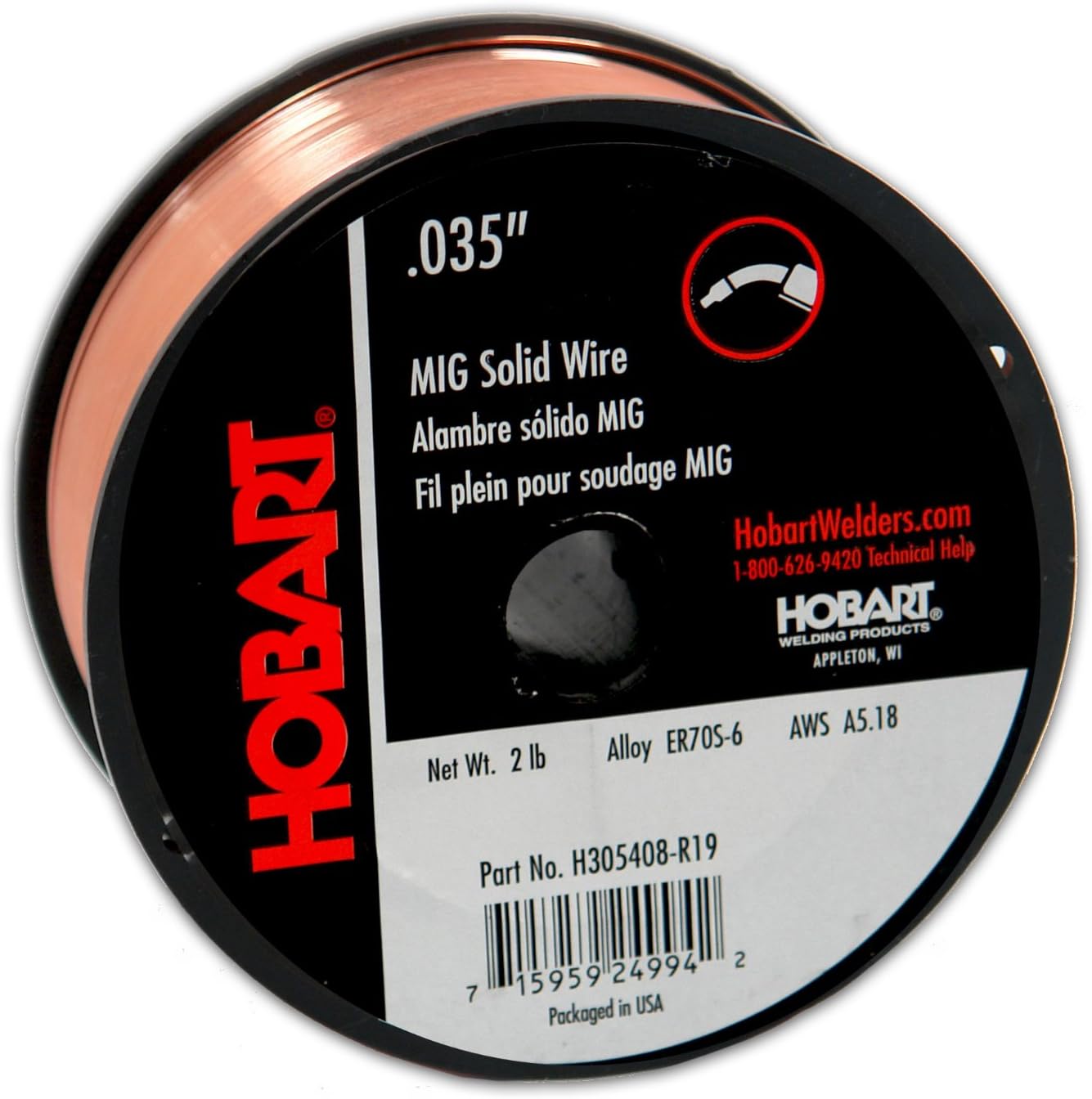 Hobart H305406-R19 2-Pound ER70S-6 Carbon-Steel Solid Welding Wire, 0.030-Inch