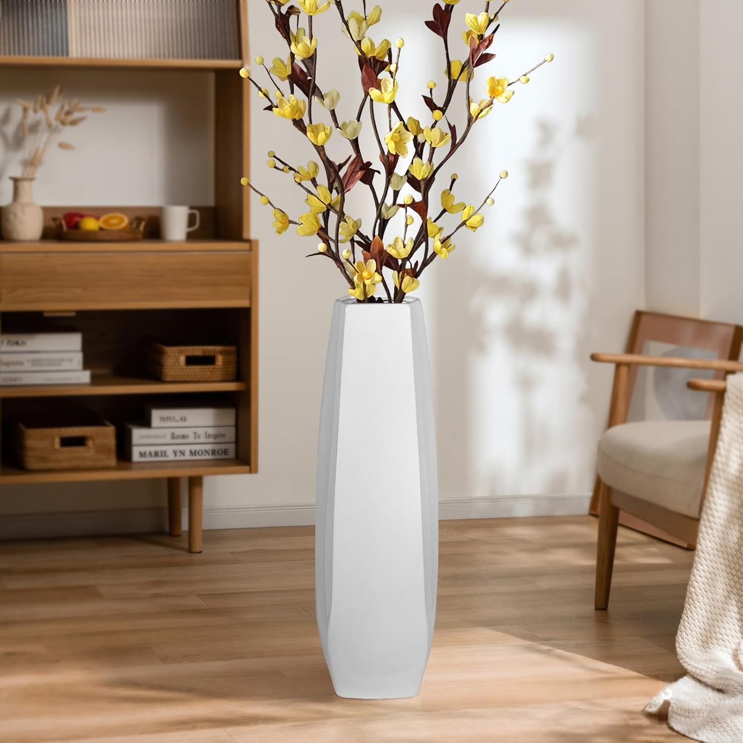 17.7 Inch White Ceramic Floor Vase, Tall Decorative Vase with Glossy Glaze, Large White Vases for Flowers, Pampas Grass, Modern Ceramic Vases for Living Room, Office, Bedroom, Home Decor Shape 3