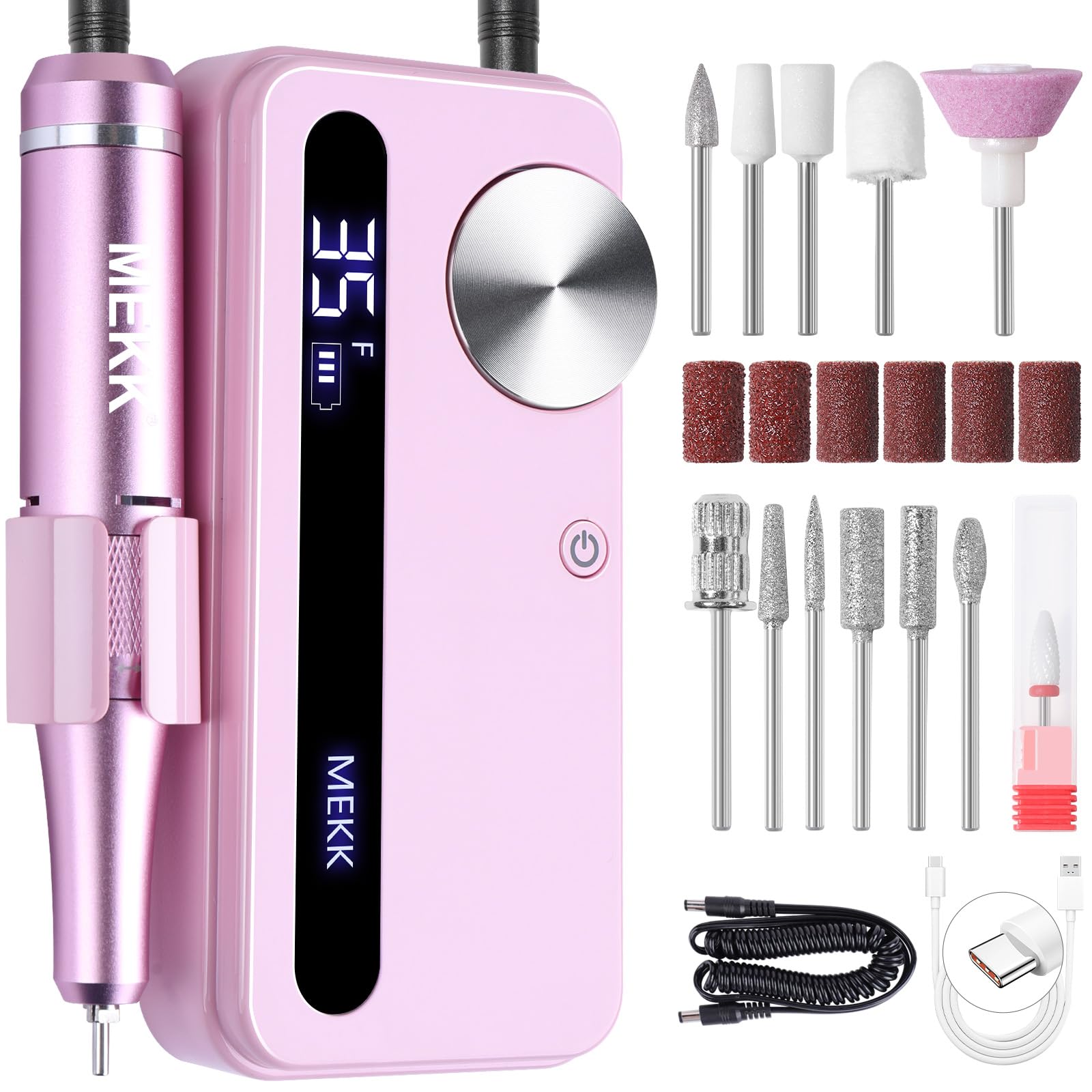 MEKK Professional Nail Drill, 35000RPM E-File for Acrylic Gel Nails | Cordless Nail File,LCD Display,Anti-Shaking,Rechargeable,12 Bits,Home,Salon Use,Low Noise,Portable,for Acrylic Gel