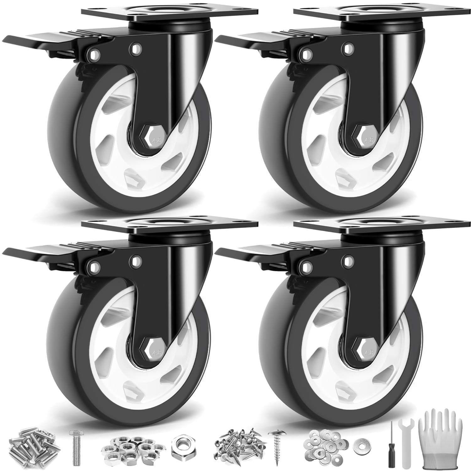 Sohnvwtgd Black+White 4 Inch Heavy Duty Caster Wheels 2200Lbs, Swivel Casters Set Of 4 With Safety Locking, Industrial Plate Caster Wheels For Furniture, Cart, Workbench(Screws And Spanner)
