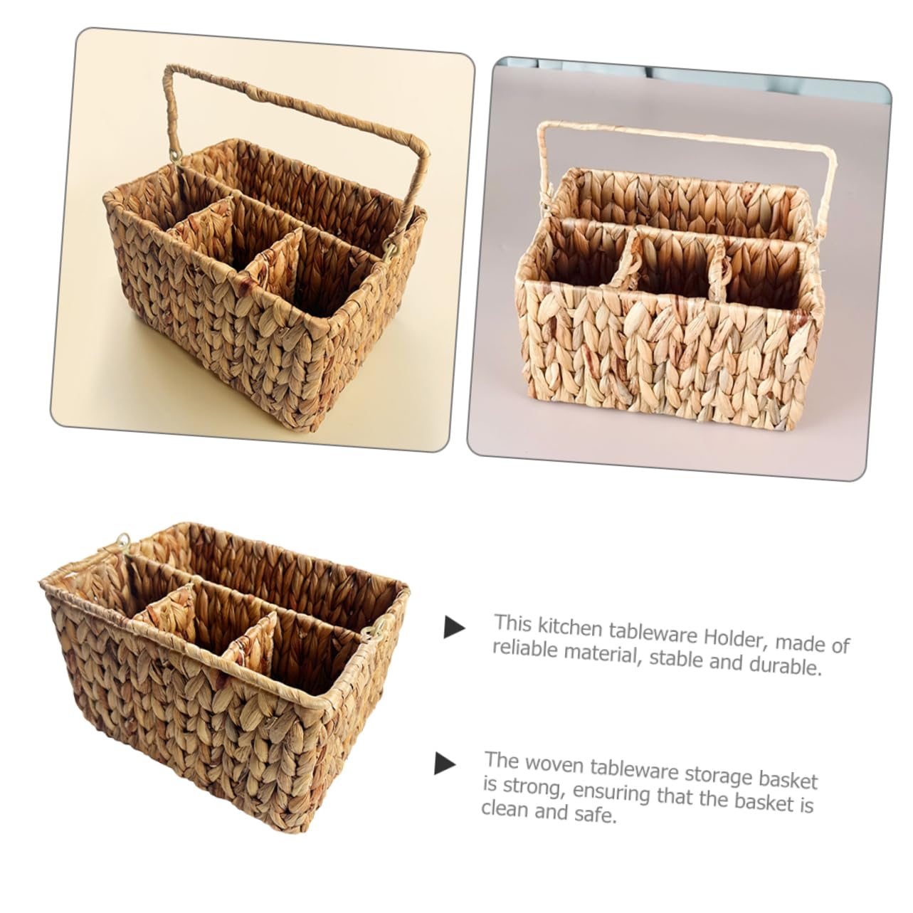 Cabilock Cesta Fuerte de Almacenamiento Tejida de Hyacinth y Multifuncional Compartimentos para Cubiertos y Utensilios de Cocina para Organizar en Cocina o Baño