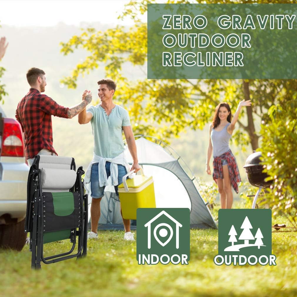 Oversized Padded Zero Gravity Chair Lounge Chair Outdoor Patio Recliner with Cup Holder Adjustable Headrest for Patio Pool Deck Camping Support 380lbs (1, Green)