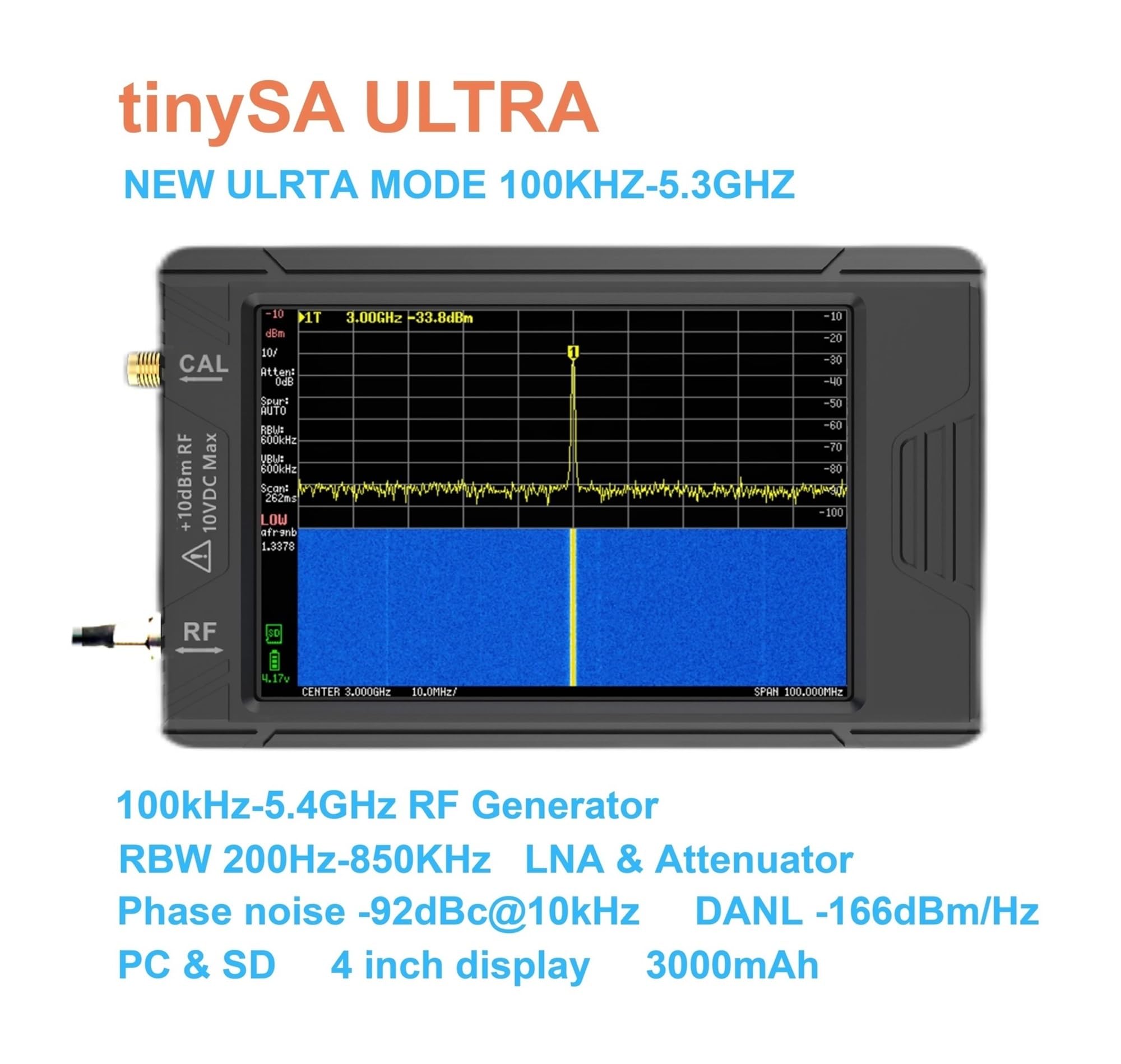 Analizador Vectorial de Redes, Analizador de Espectro con Pantalla de 2.8" Pantalla ULTRA de 4" 100kHz a 5.3GHz con Tarjeta de 32GB Versión V0.4.5.1 Medición de Parámetros S, ROE(SA ULTRA)