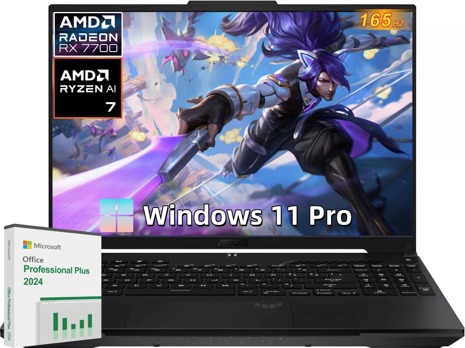 ASUS TUF A16 Gaming Laptop with Office 2024 Lifetime License, Ryzen 7 7735 HS(Up to 4.75 GHz), Radeon RX7700S, 16" FHD 165 Hz Display, 32 GB DDR5 RAM, 1 TB SSD, RGB Backlit KB, Wi-Fi 6, Windows 11 Pro