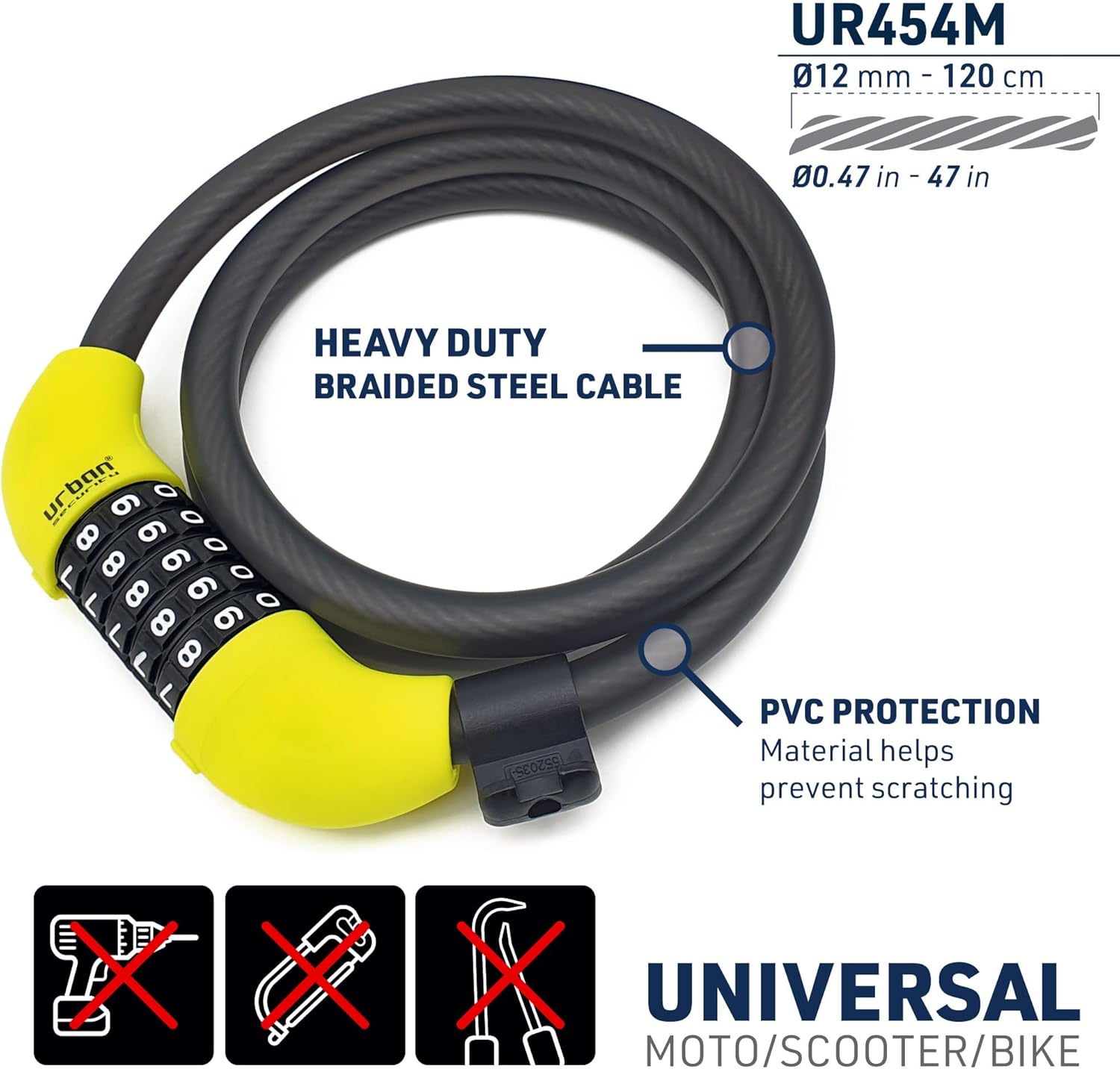 Urban Unisex's UR454M Bike Lock with Combination Flexible Steel Cable Ø12, 120cm with Security Code Anti-Theft Bicycle Resistant Compact Easy Transport, Black