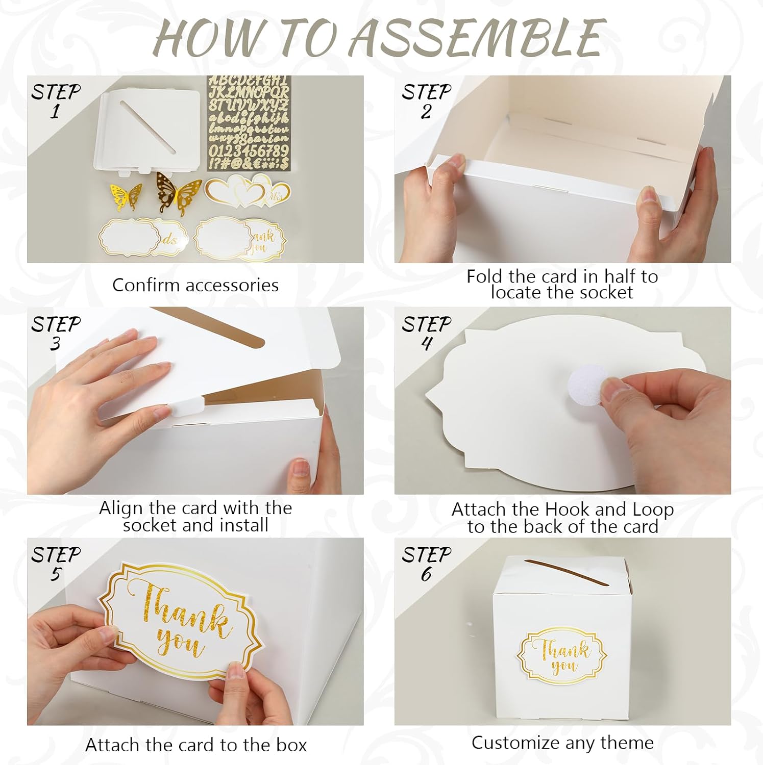 Resurhang White Wedding Card Box - 10x10 Inch DIY Large Box Slot with Cards Stickers Gold Butterfly Decors, Alphabet Stickers for Wedding, Graduation Party Reception, Birthday, Baby Shower, Raffle