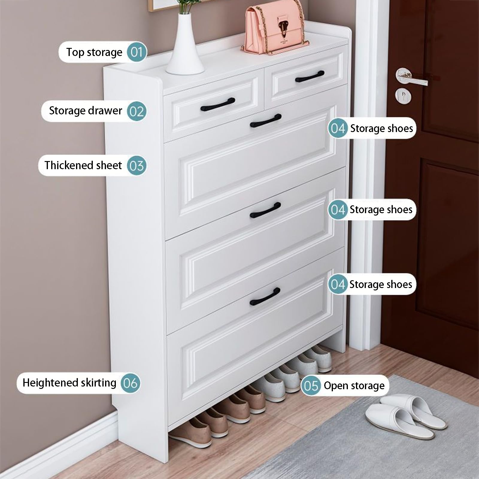 Scarpiera Chiusa Bassa da Ingresso, Salvaspazio Slim in Legno, Organizzatore Indipendente per Corridoio/Armadio, Bianco