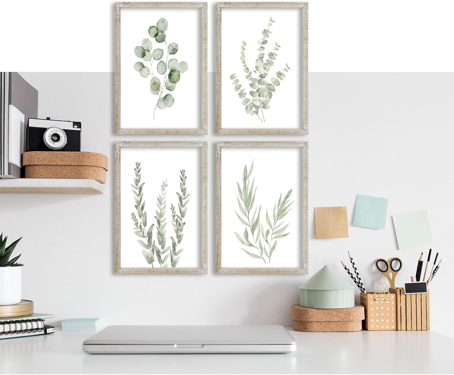 LuZhiQiang Botanical Wall Decor Sign 16x11 Inch Sage Green Plants Prints Set of 4 Modren Minimalist For Bathroom Bedroom Laundry Room Aesthetic Watercolor Small Wood Framed Wall Hanging Art (White)