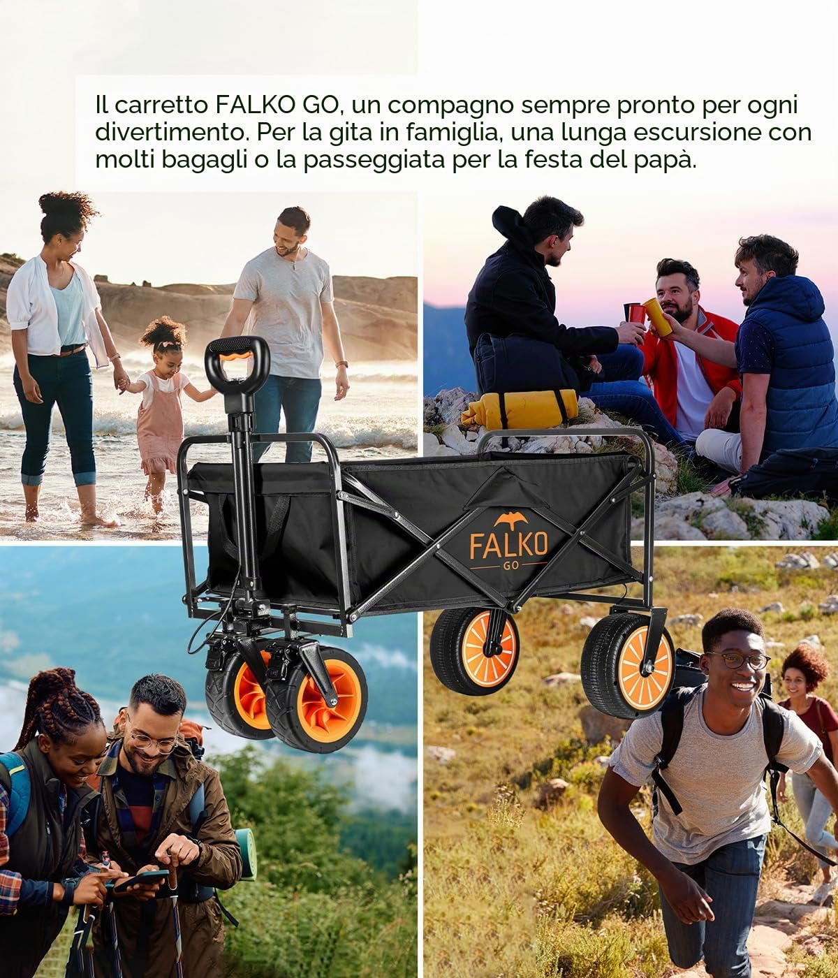 FALKO GO Carrello elettrico pieghevole, pneumatici larghi su tutte le superfici, carrello a mano con motore, carrello da giardino, da spiaggia per escursioni e campeggio, pieghevole
