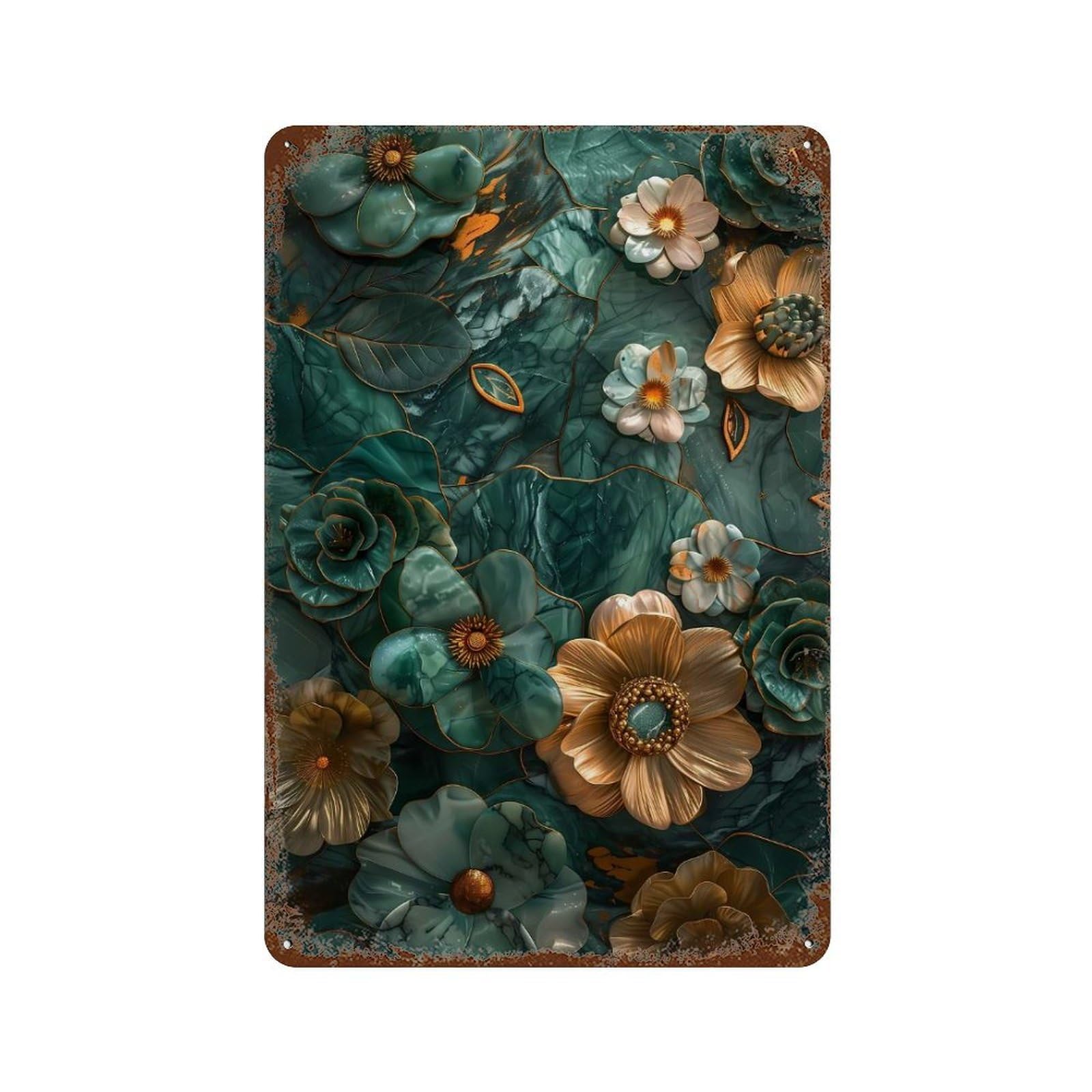 Decorative Tin Sign with Floral Gold Malachite Art Design 11.8"x7.9", for Basement, Hobby Room And Garage Decor, Farmhouse Wall Decor