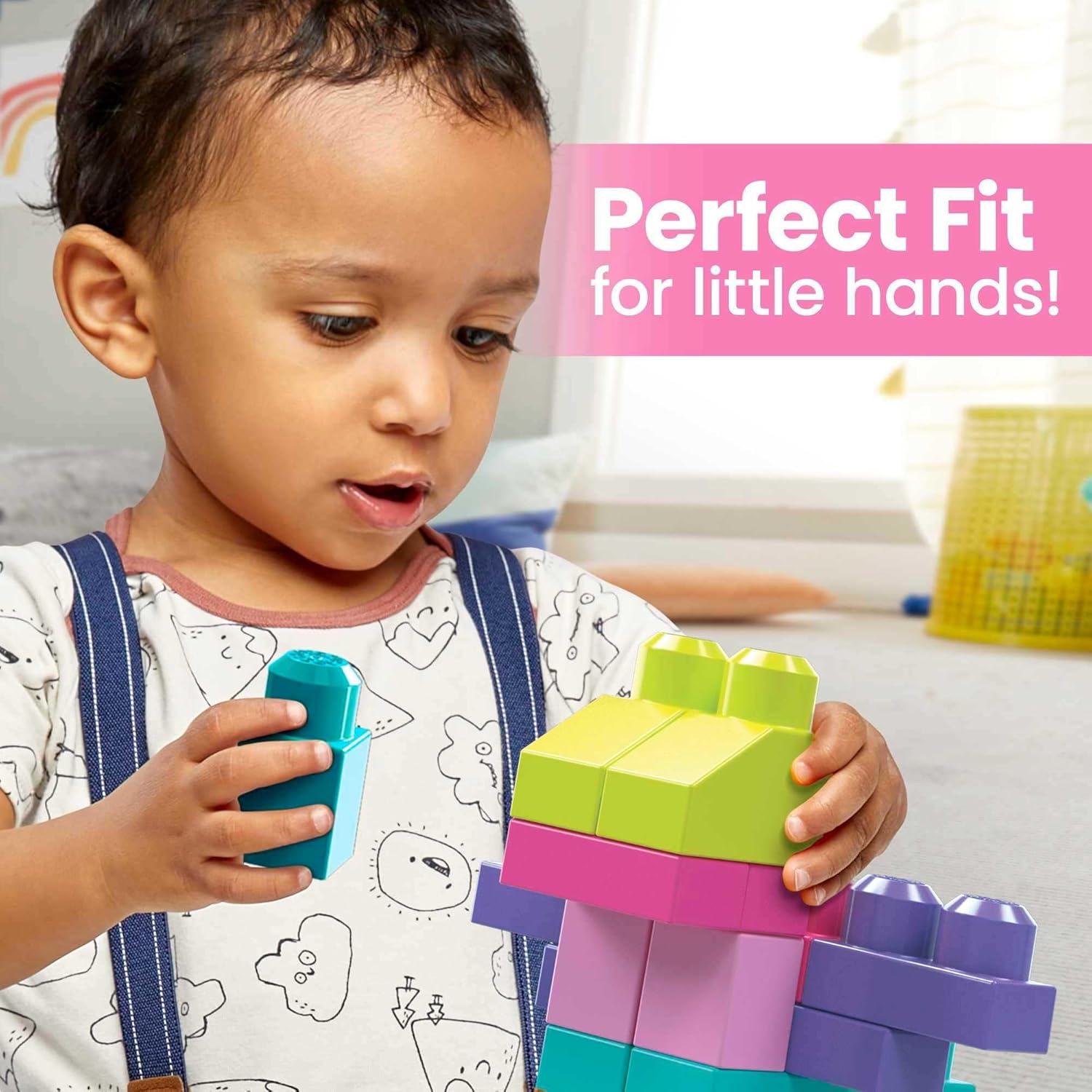 Bundle of MEGA BLOKS Fisher-Price Toddler Block Toys, Big Building Bag with 80 Pieces and Storage Bag, Pink + Sensory Building Toys Playset, Musical Farm Band with 45 Toddler Blocks and 6 Music Sheets