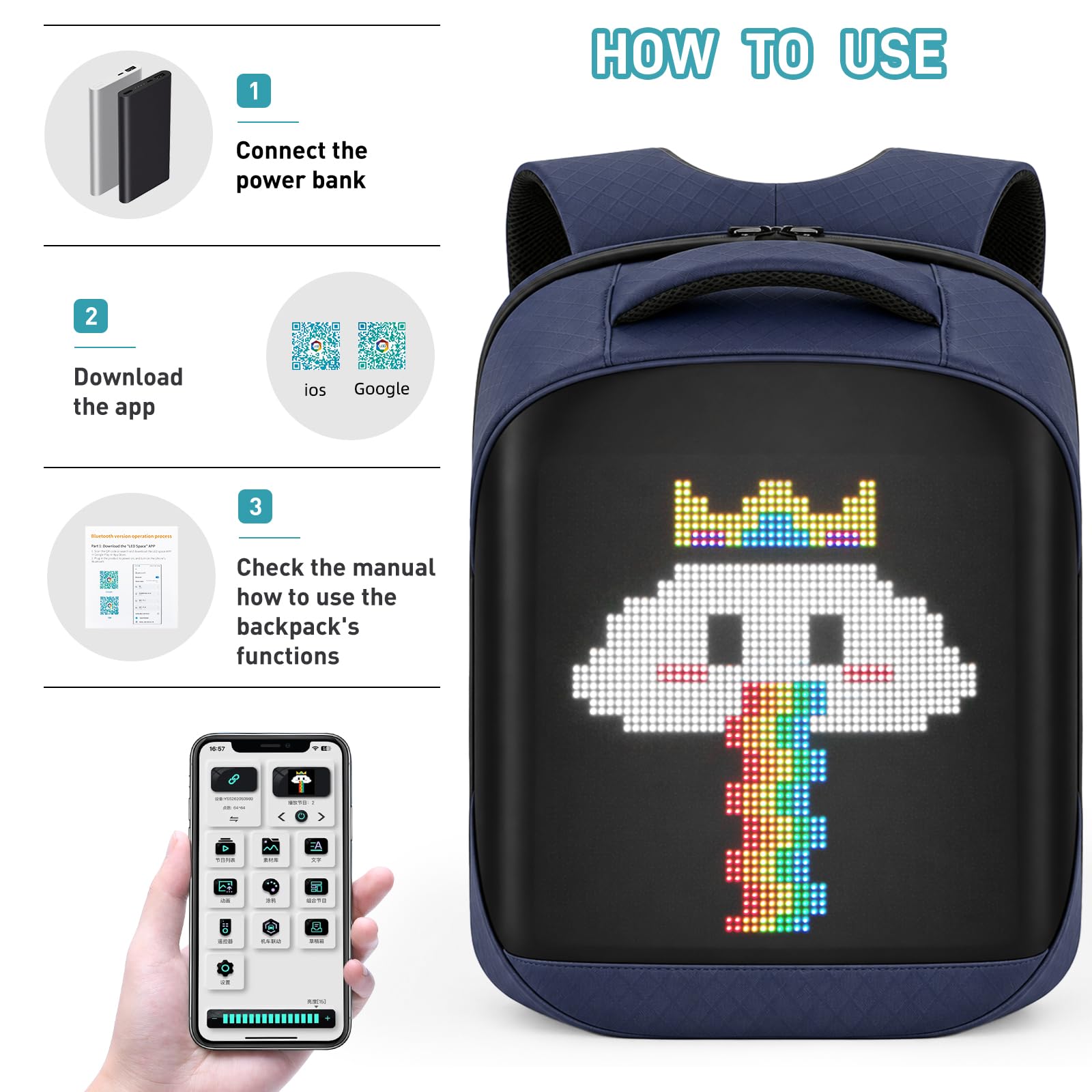 Gelrova LED Zaino con controllo tramite app, display LED dinamico, zaino per laptop, leggero e resistente, spazio multifunzionale per uomini e donne (Blu)