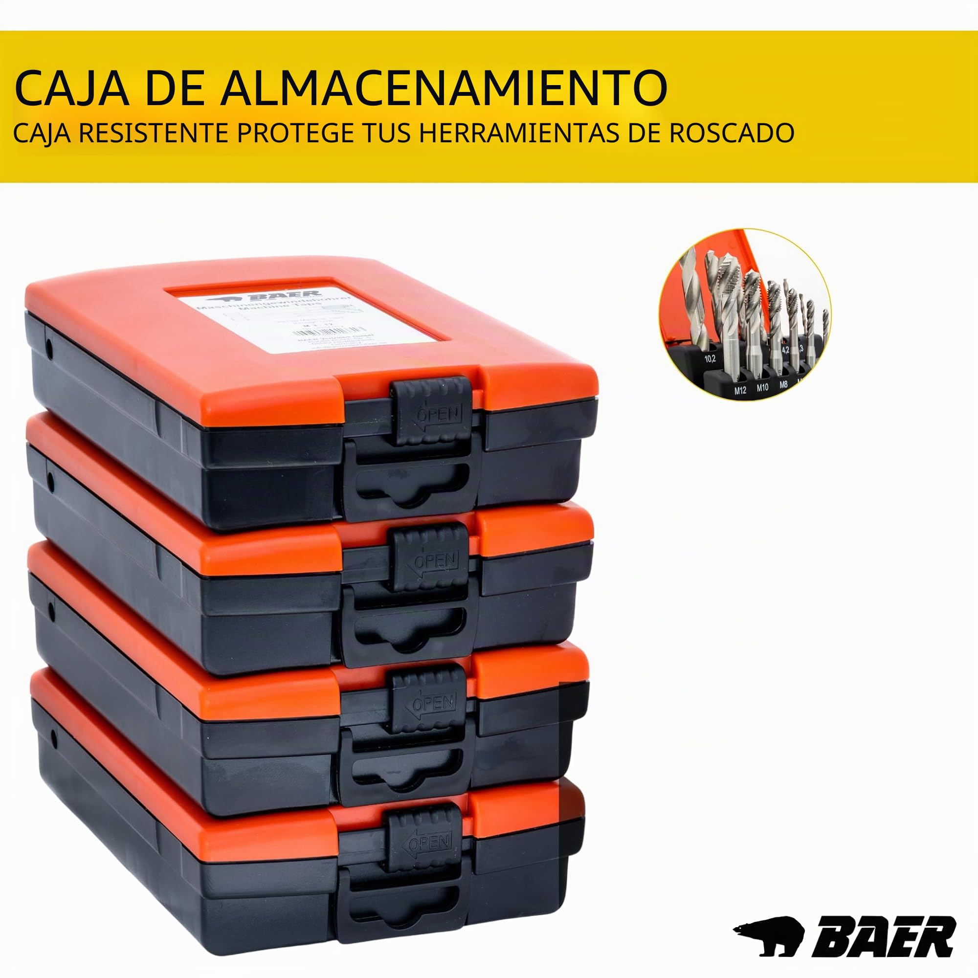 BAER Juego de machos de roscar M3-M12, 14 piezas, HSS-G, agujero ciego, forma C, juego de machos métricos DIN 371, tolerancia 6H, juego de roscas de acero hasta 900 N/mm²