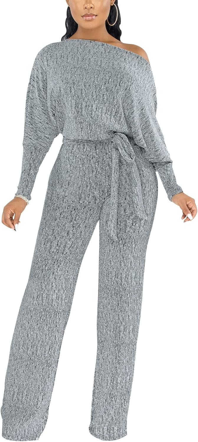 DinyIn Sexy Deep V Neck Long Wide Leg Pant for Women Casual Solid Jumpsuits Plus Size Romper with Belt