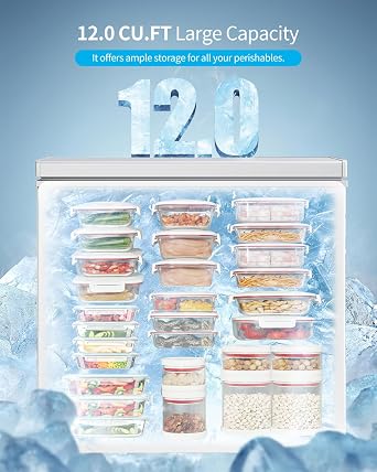 TABU 12.0 Cubic Feet Chest Freezer, Large Freestanding Deep Freezer, White | Compact, Top Opening, 7 Level Adjustable Thermostat & Removable Basket, Space-Saving, Low Noise (White, 12.0 Cu.Ft.)