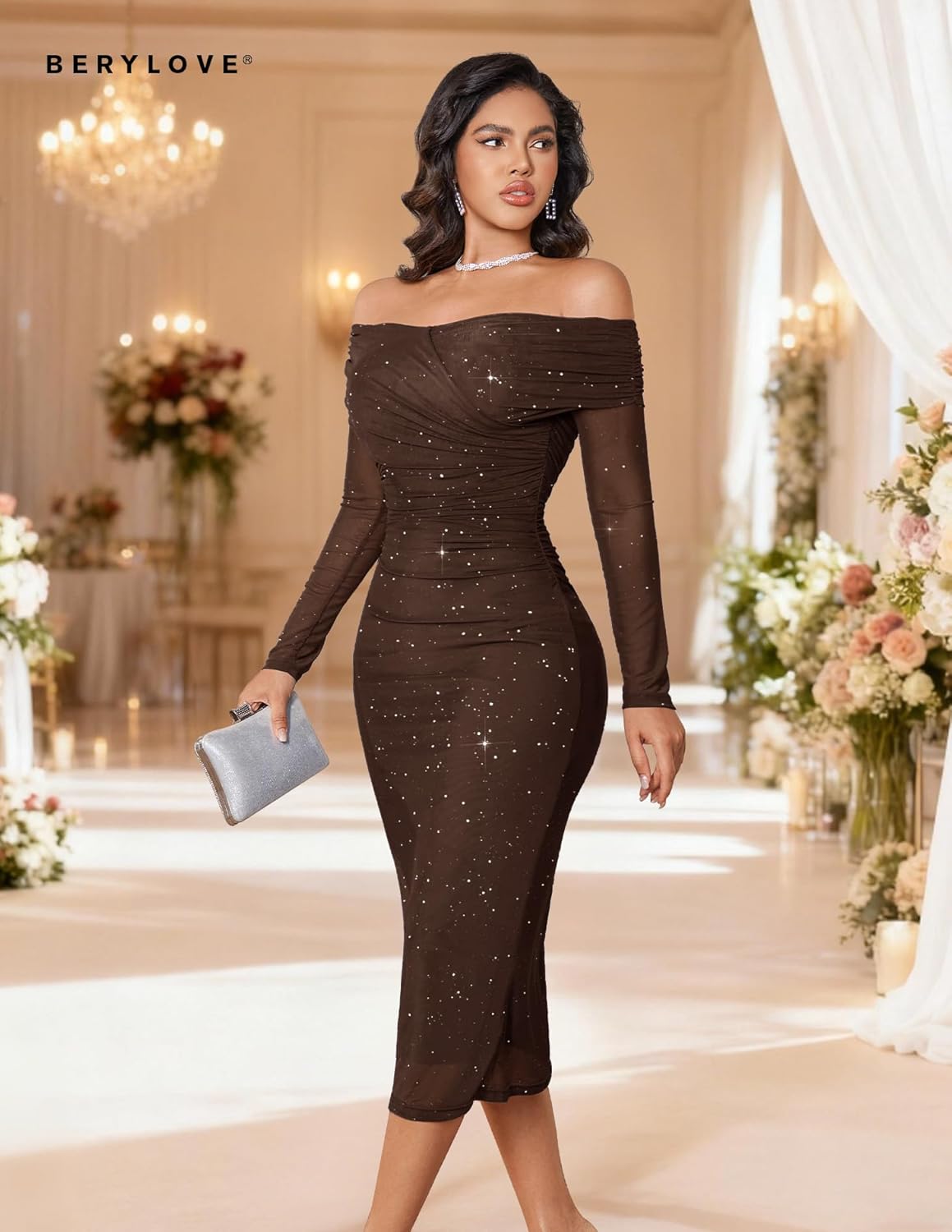 BeryLove Womens Sparkly Off Shoulder Formal Wedding Guest 2026 Cocktail Mesh Sequin Dress - Image 7