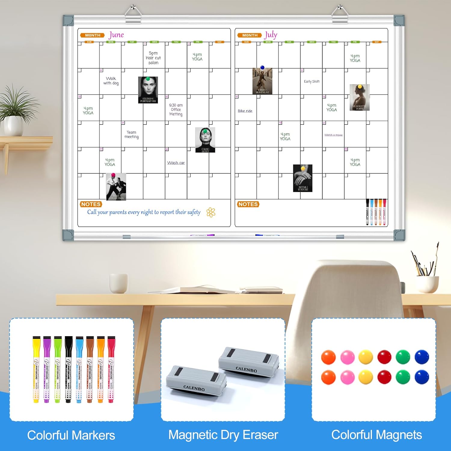Calendar Whiteboard for Wall, 2 Month Calendar Dry Erase Board 36 X 24 Inch, Silver Aluminum Frame Hanging or Wall Mount Board with 2 Eraser, 8 Marker, 12 Magnet