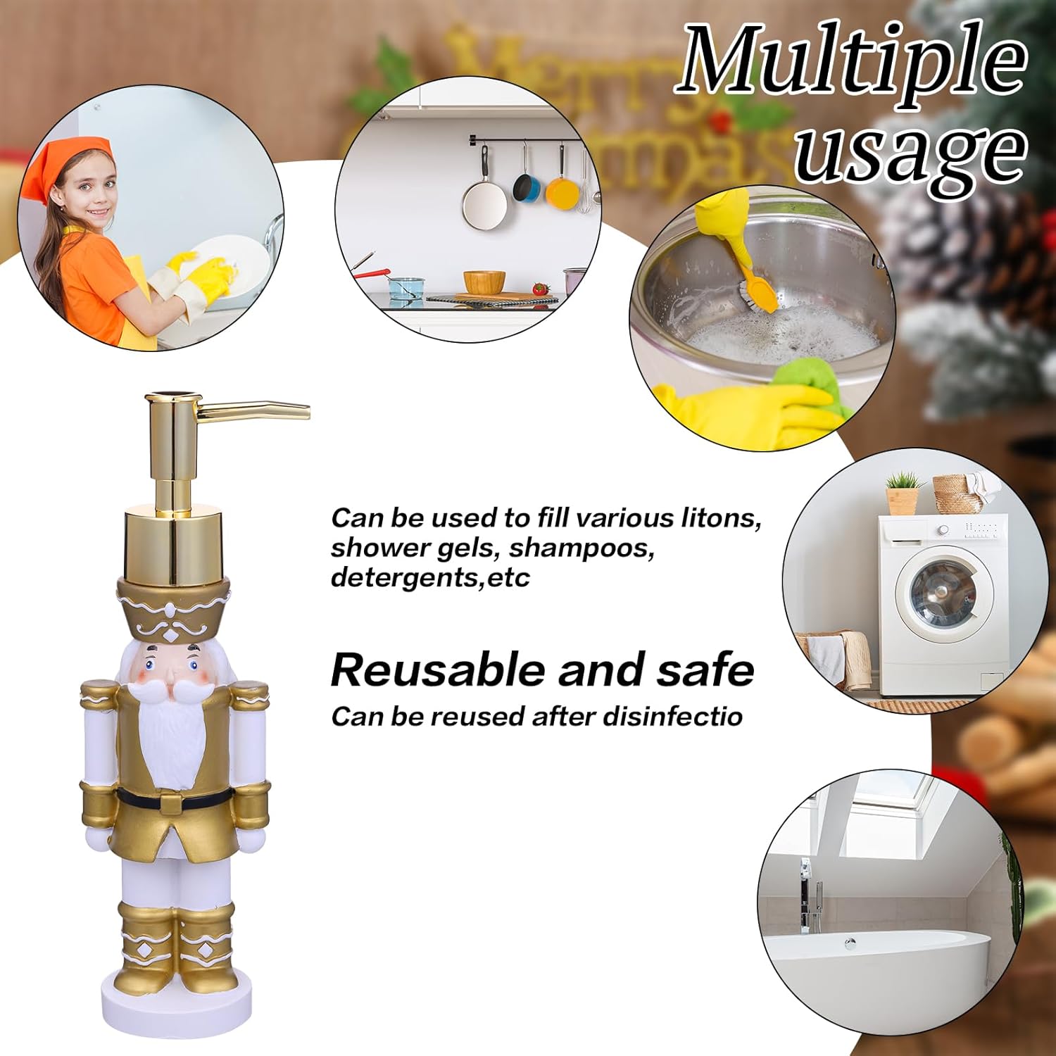 17 Pcs Christmas Nutcracker Bathroom Decoration Set Include Shower Curtain with 12 Hooks & Soap and Lotion Dispenser Non Slip Bath Mat Rug 2 Cotton Towels for Holiday Xmas Gifts Decor Accessories