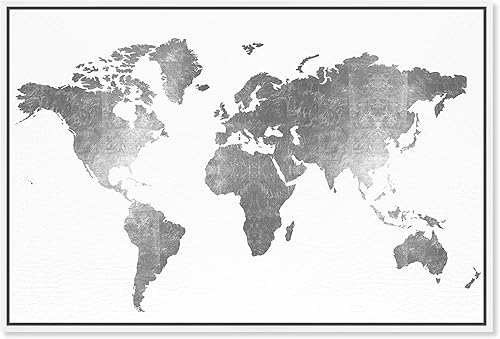The Oliver Gal Artist Co Mapamundi - Lienzo moderno para pared diseño de mapamundi de cuero plateado sala de estar dormitorio y baño decoración del