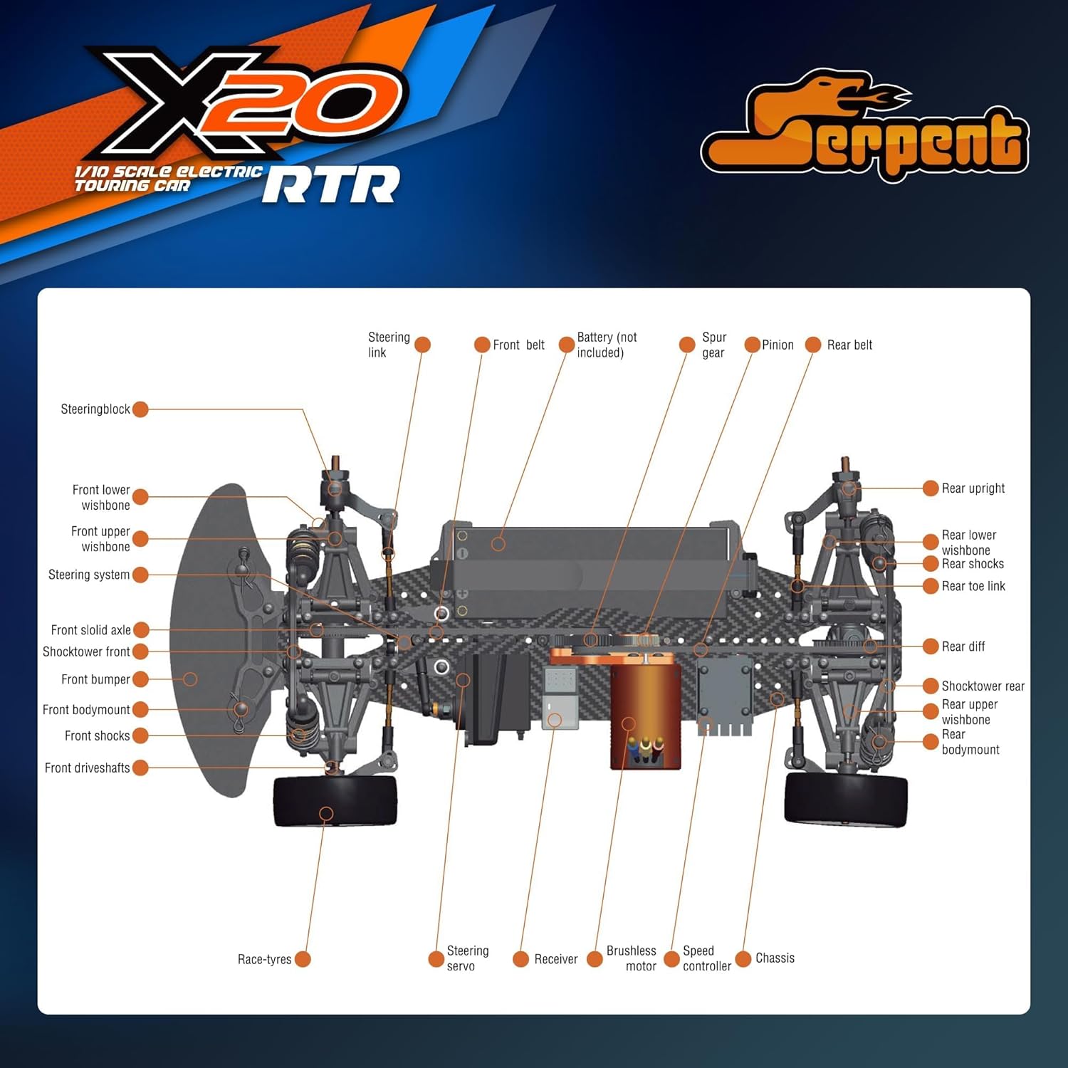 Diagram of the Serpent X20 RC car chassis with labeled parts