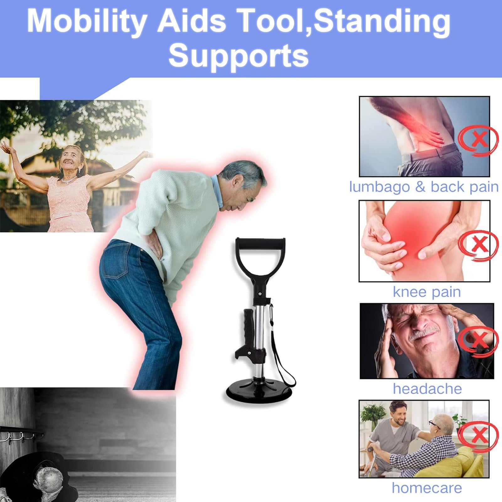 Supporto regolabile in altezza e aumento della mobilità (41 – 61 cm) per anziani e disabili aiuta anziani e disabili ad alzarsi, andare in sicurezza, fare lavori domestici/giardinaggio, argento