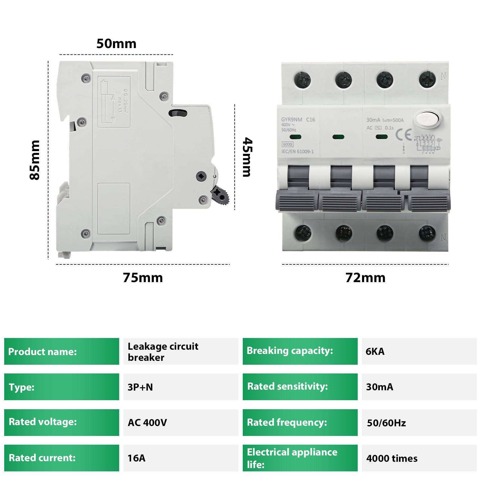 Fehlerstromschutzschalter Fi Schutzschalter 16A 30MA 3P+N Fi Schalter RCBO 6KA MCB Fehlerstrom Schutzschalter AC 400V mit Ableitstromschutz Überlast und Kurzschlussschutz, DIN Schienenmontage.