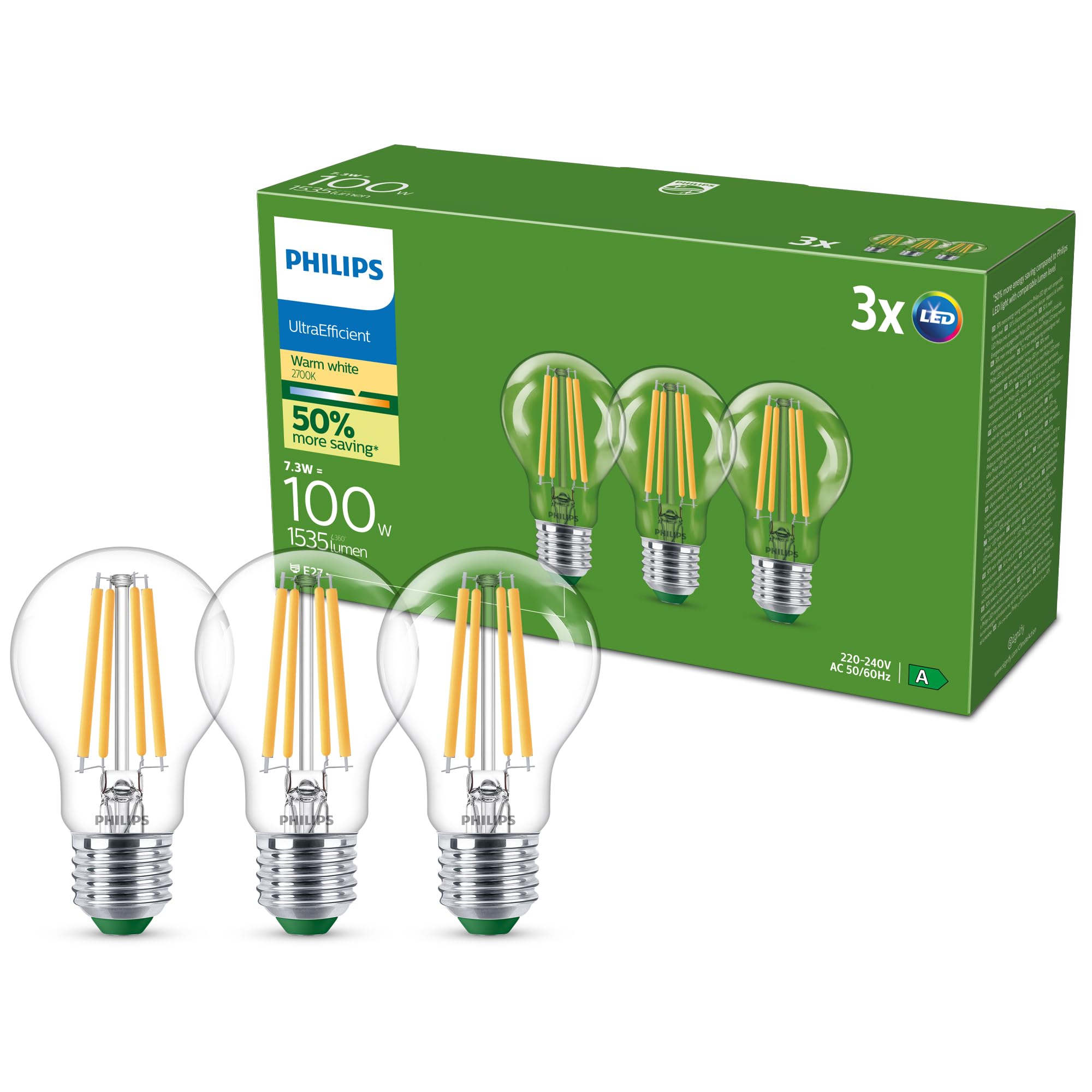 Philips Philips UltraEfficient LED Light Bulb, 3 Pack, A60, E27, 1535 Lumens, 100W, Energy Saving, EyeComfort, Long Lifetime, Warm White