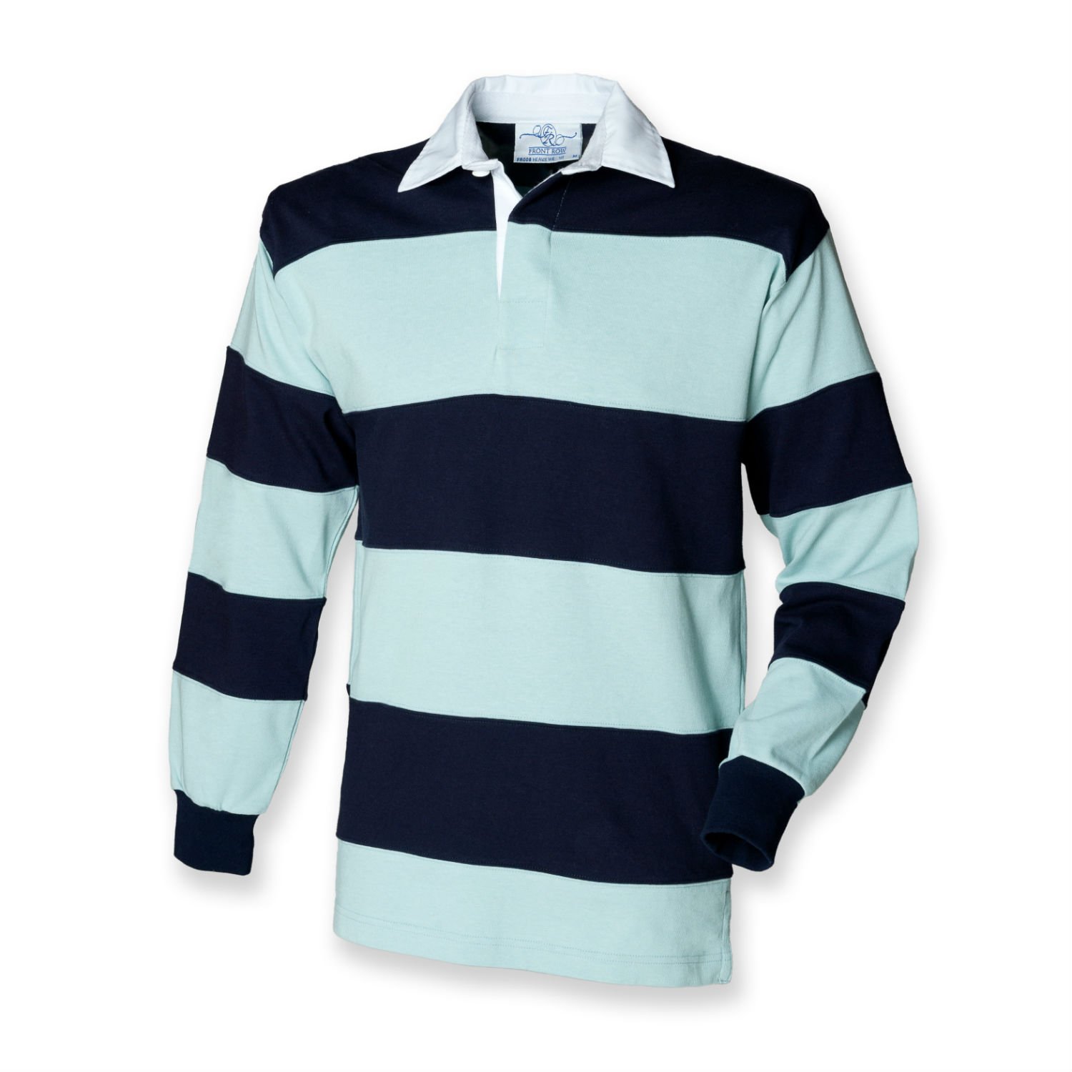 Front Row Hooped Long Sleeve Rugby Shirt in Duck Egg/Navy XL