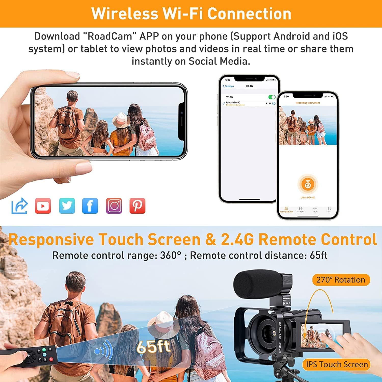 Anteam 4K Video Camera,Vlogging Camera for YouTube 3" 48MP 60FPS 16X Zoom IR Night Vision WiFi Camcorder with Microphone,Stabilizer,2.4G Remote Control,Lens Hood,2 Batteries