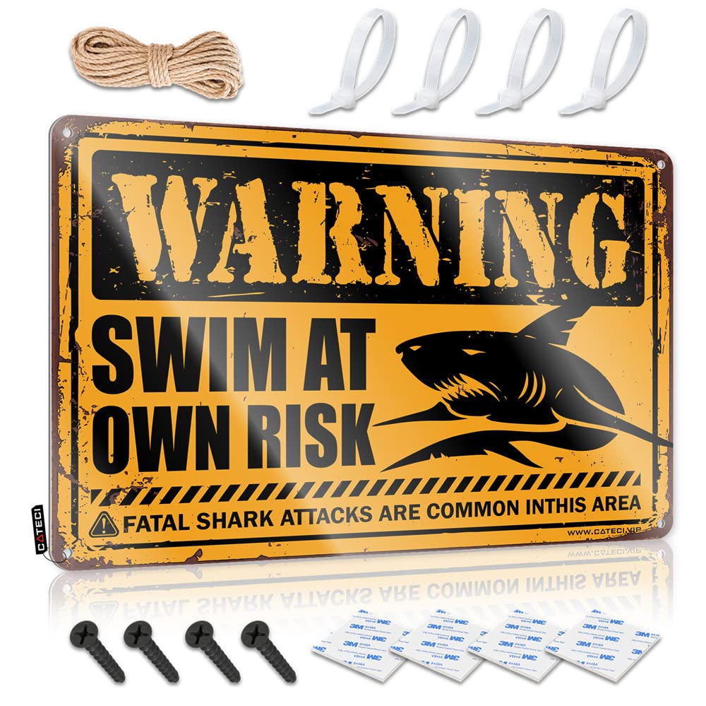 IBWNBBUSN Funny Garage Tin Sign Shark Wrning Swim At Own Risk Tin Sign Funny Wall Decor Signs Things For Boys Room(20X30CM)