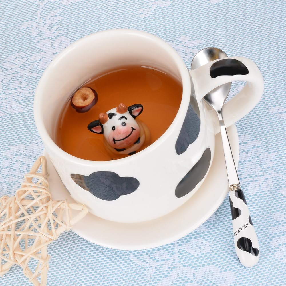 Cute Animal Coffee Mug with Lid and Spoon, Cute Cow Print Stuff Gifts, Ceramic Tea Cup, Kawaii Cup, Cartoon Coffee Cup gift for Women Office and Personal Birthday Christmas 480ml (3D Cow) image 3