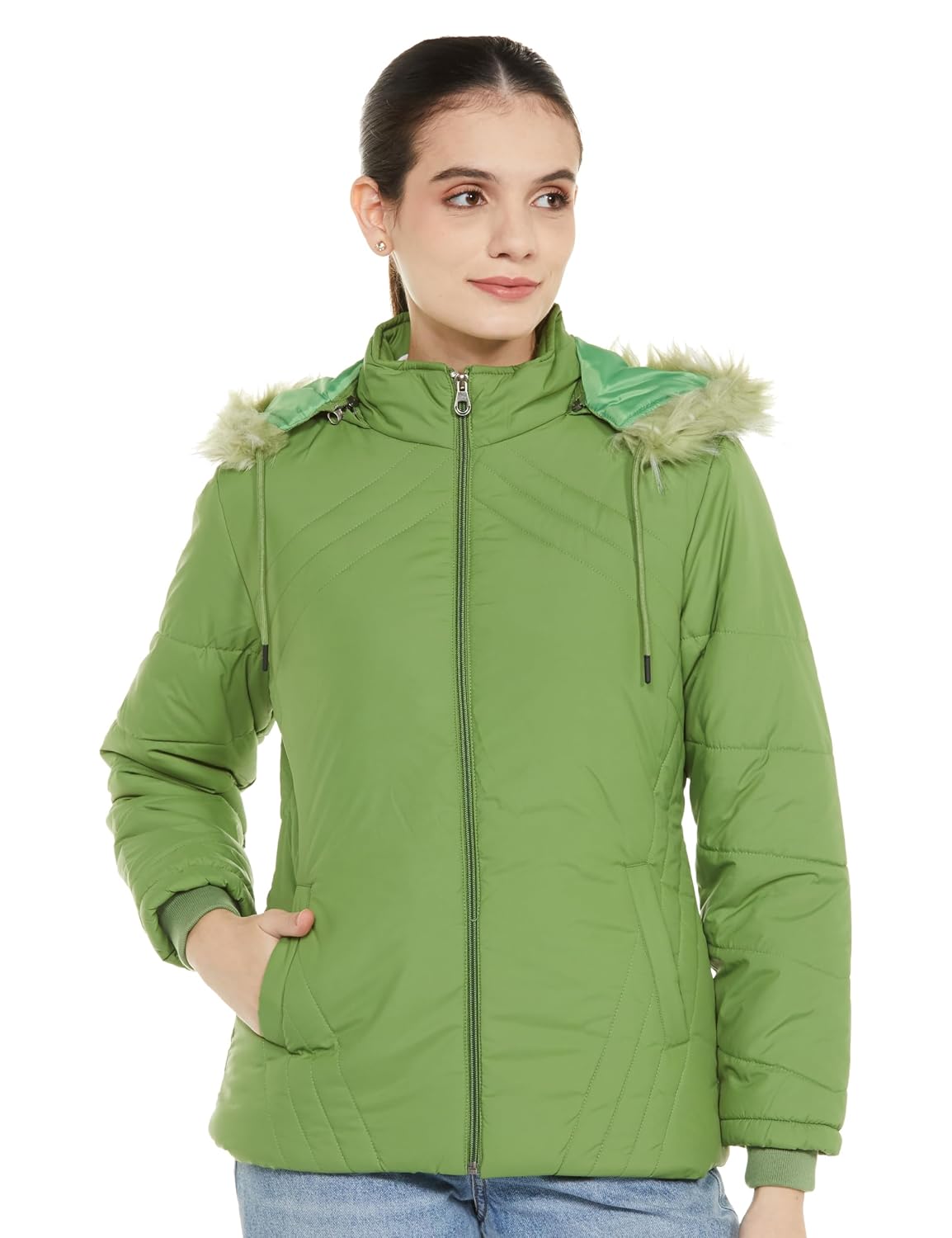 Qube By Fort Collins Polyester Women's Parka Short Length Coat (BD30122AZ_Sweetie Pie, Green