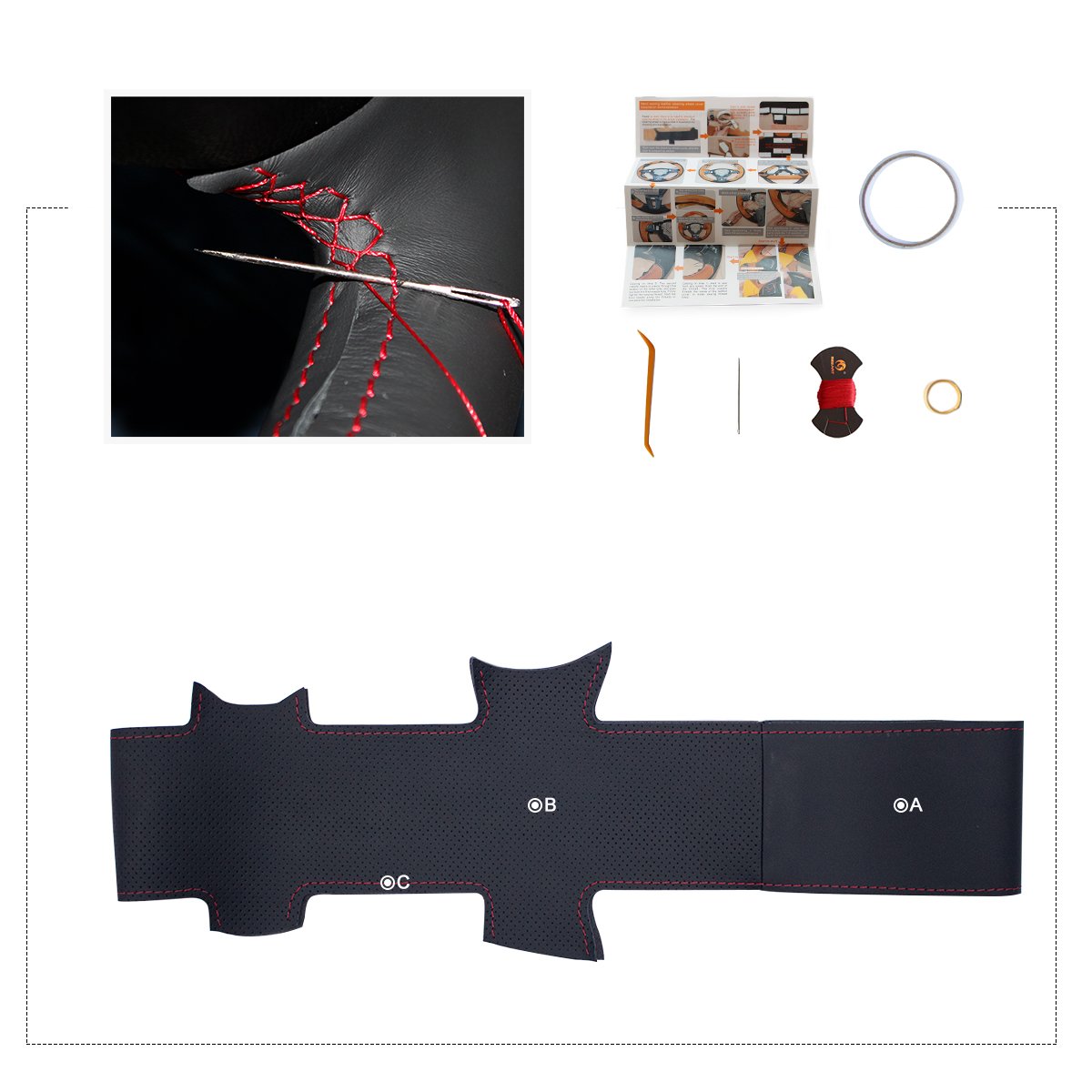 MEWANT Handsewing Black Genuine Leather Steering Wheel Cover Wrap for Honda Civic/CR-V CRV/Prelude Accessories Automotive Interior