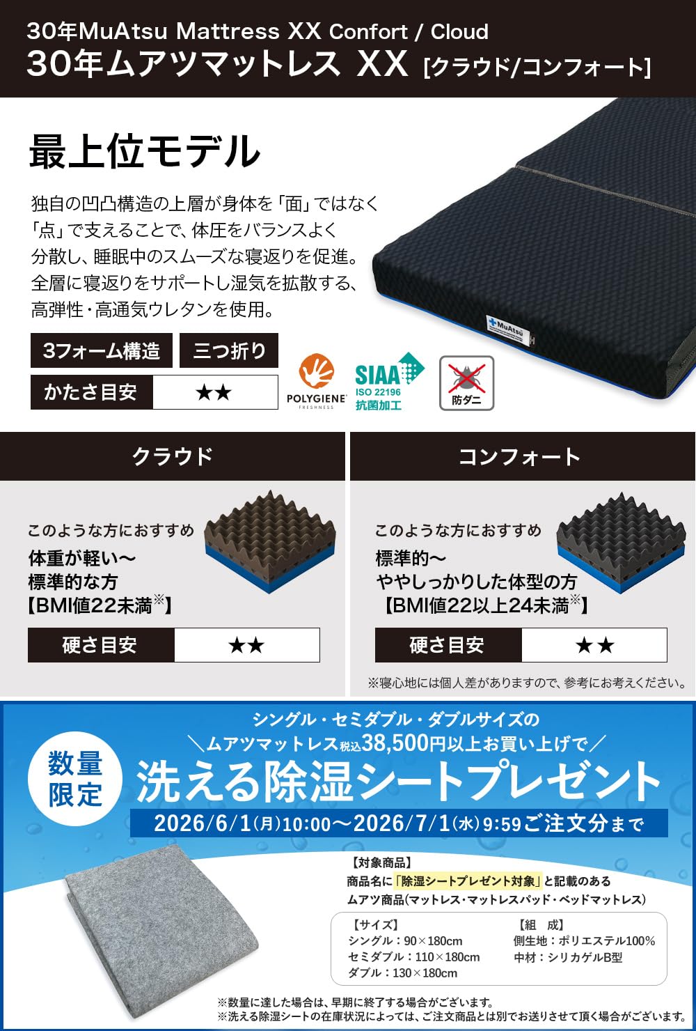 Amazon｜【除湿シートプレゼント対象】昭和西川 30年ムアツ マットレス