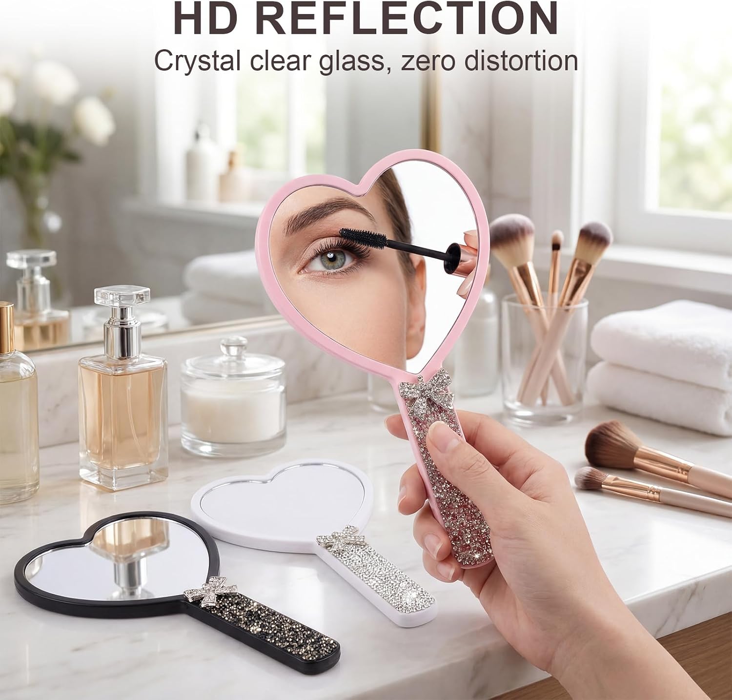 3 PCS Large Lash Mirror Handheld, 6.8x4.3 Inch Glitter Rhinestone Heart Cute Hand Eyelash Mirror