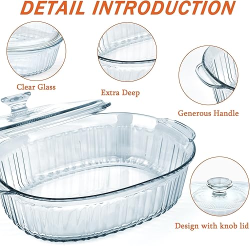 Miniatura 3 de Reasim - Cacerola de vidrio para hornear de 2.8L3 cuartos de galón con tapa, cazuela de vidrio ovalada grande con tapa, recipiente para mezclar