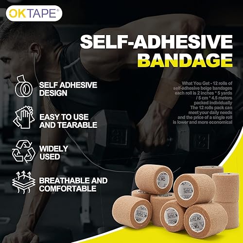 Miniatura 7 de OK TAPE 12 rollos de vendaje autoadhesivo, cinta elástica atlética, cinta adhesiva autoadhesiva, envoltura veterinaria, envoltura médica para