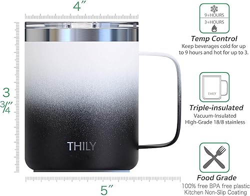 Miniatura 4 de THILY Taza de viaje aislada de acero inoxidable de 12 onzas, taza de café aislada al vacío con asa, tapa a prueba de derrames, mantiene el café frío