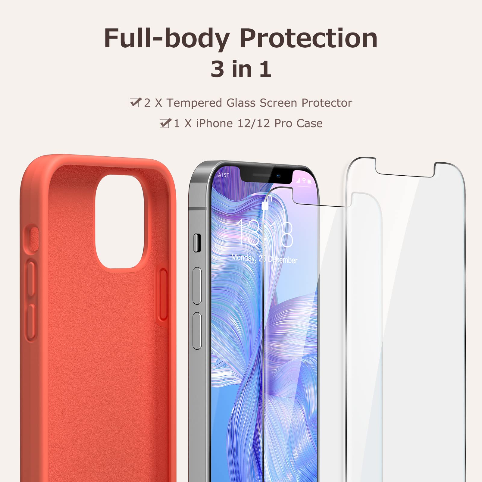 GOODVISH 3 in 1 Cover in Silicone per iPhone 12 & iPhone 12 Pro 6,1", con 2 Pezzi di Pellicola Protettiva, Silicone Liquido Custodia per Cellulare con Morbida Microfibra Antiurto, Rosso-Arancio