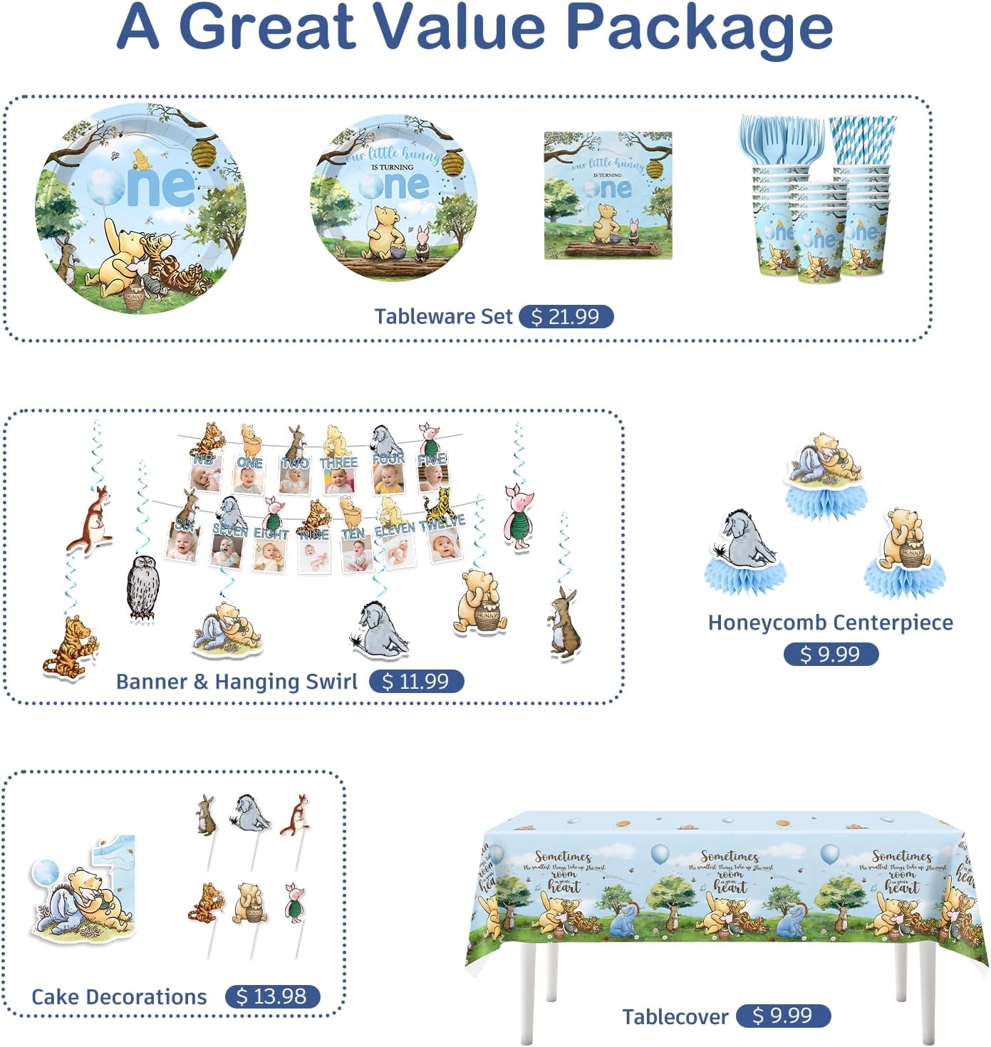 171 PCS Blue Bear 1st Birthday Decorations Tableware set, Bear Themed party supplies with Balloon, Banner, Cake Topper, Plates and Napkins, for Boy First Birthday, Serves 20 Guests - Image 3