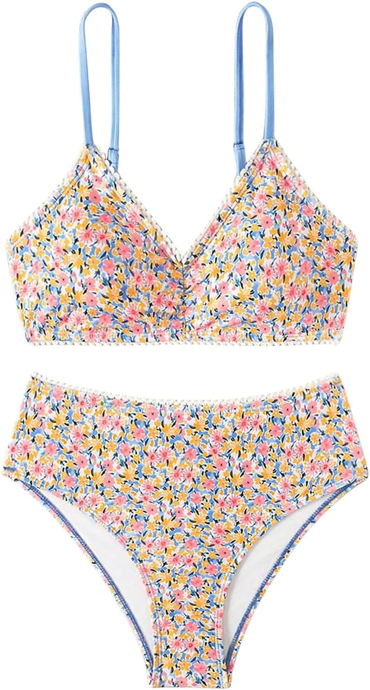 SOLY HUX Bathing Suit for Women Floral Print Swimsuit V Neck Spaghetti Strap Two Piece Bikini Sets