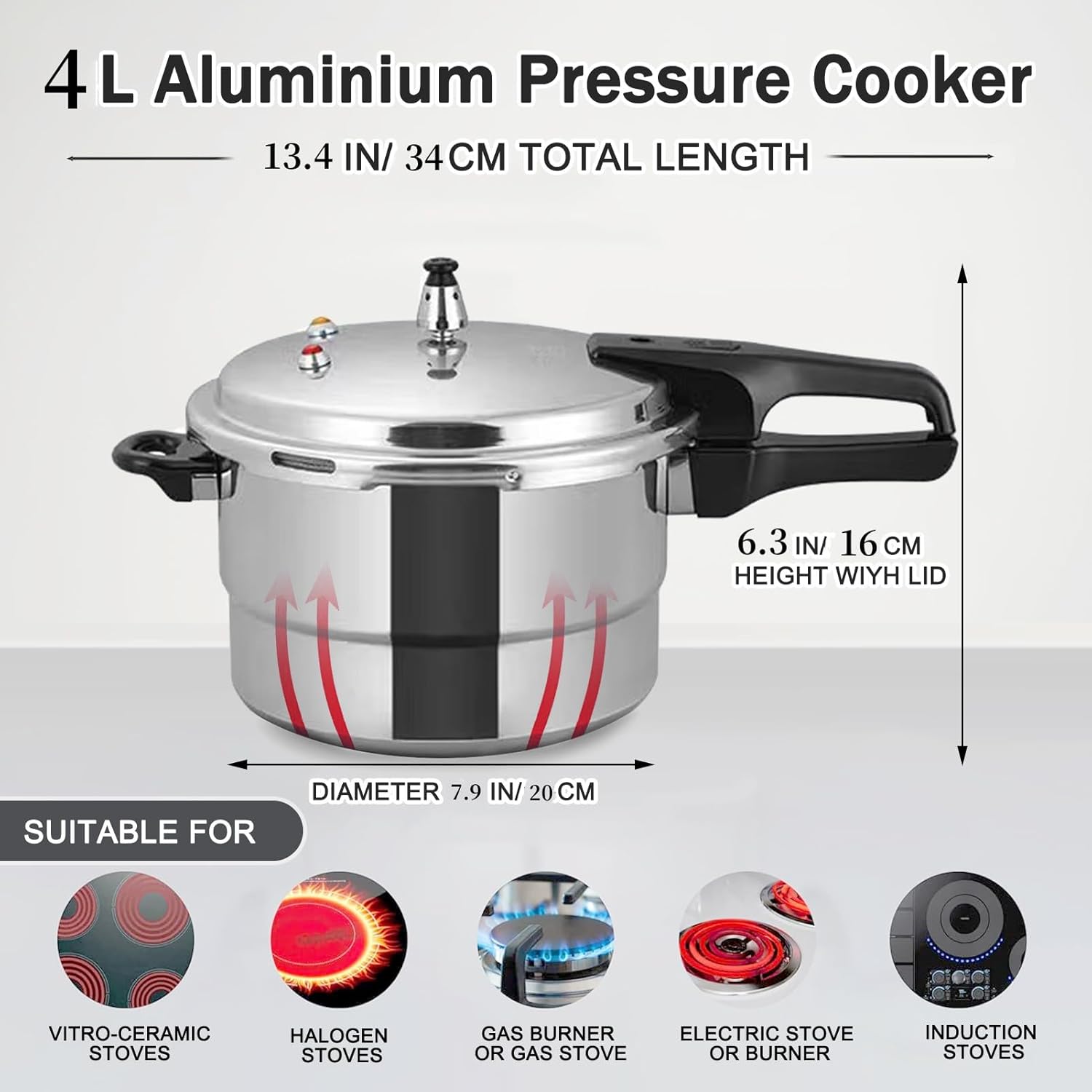 Small Pressure Cooker 4 Quart，Aluminum Pressure Cooker Compatible with Gas & Induction Cooker Fast Cooking Pot Even Heat Distribution for 2-3 People
