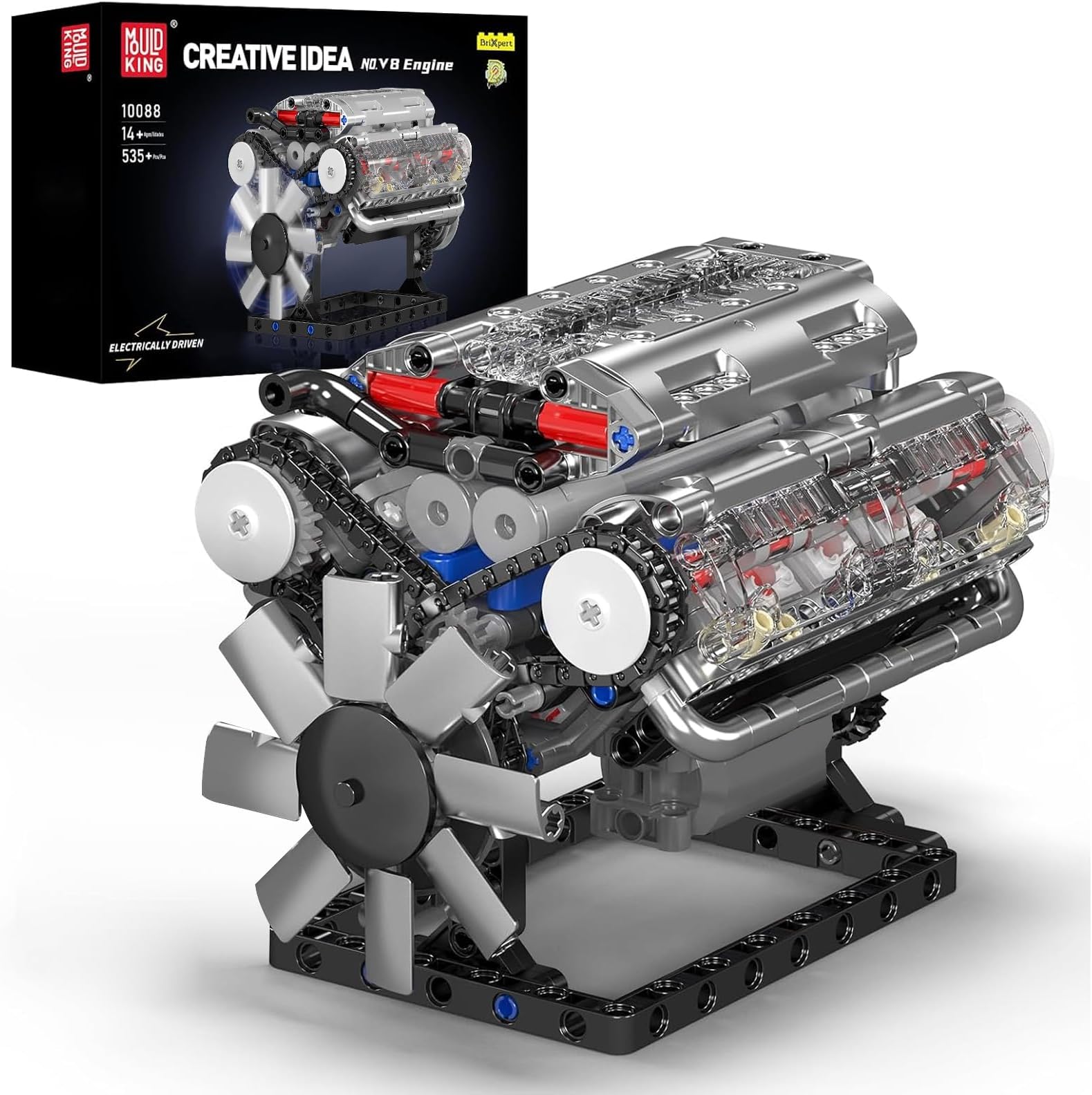 Mould King 10088 Technik V8 Engine Building Blocks Engine Model Clamping Blocks Simulation Motor with Functional Engine Kit (535 Pieces)