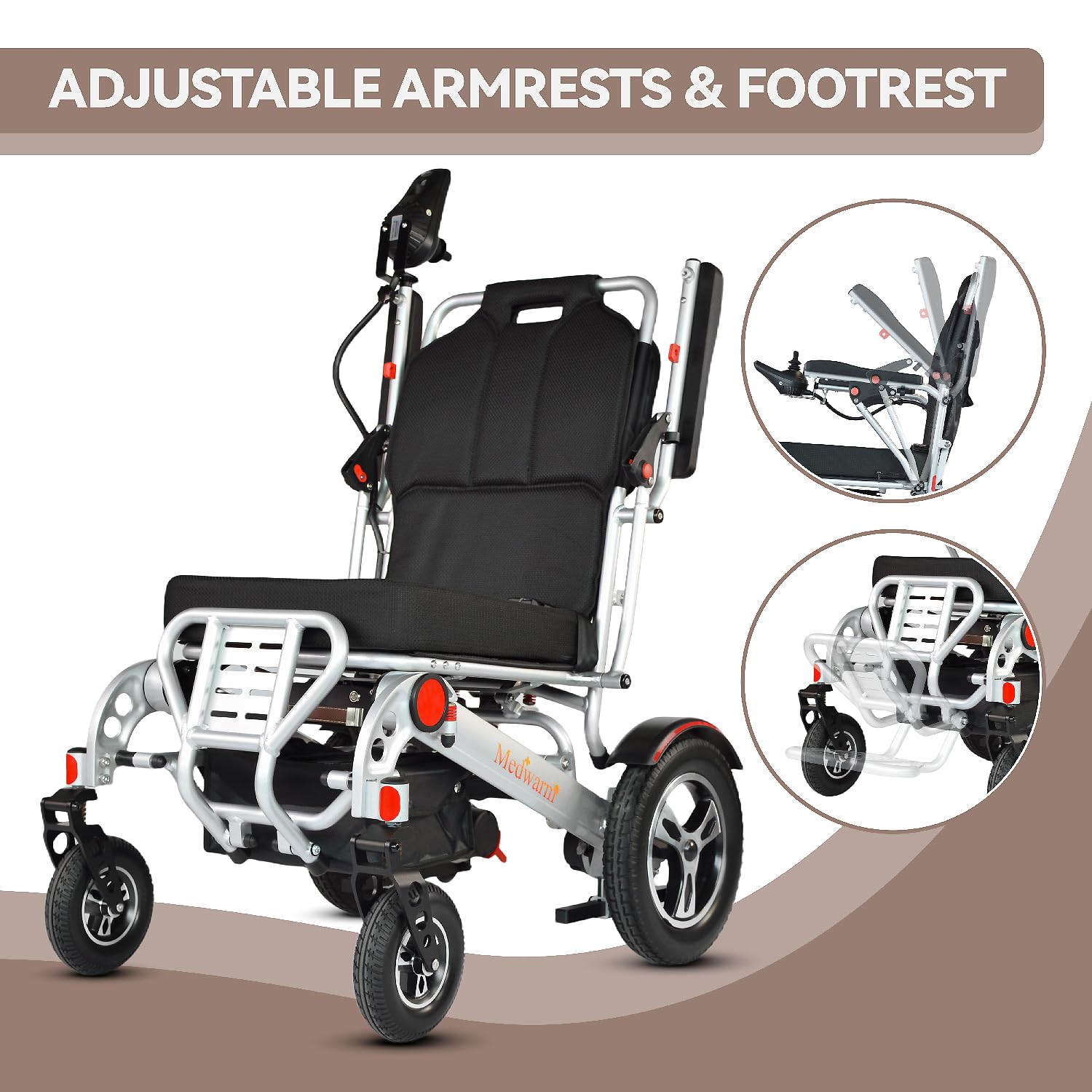 Medwarm Electric Wheelchairs for Adults, Heavy Duty Powerful Wheelchairs (Supports 280 lbs), Flodable Motorized Wheelchair with12AH Lithium Battery, 2 x250W High Performance Motors, Airline Approved