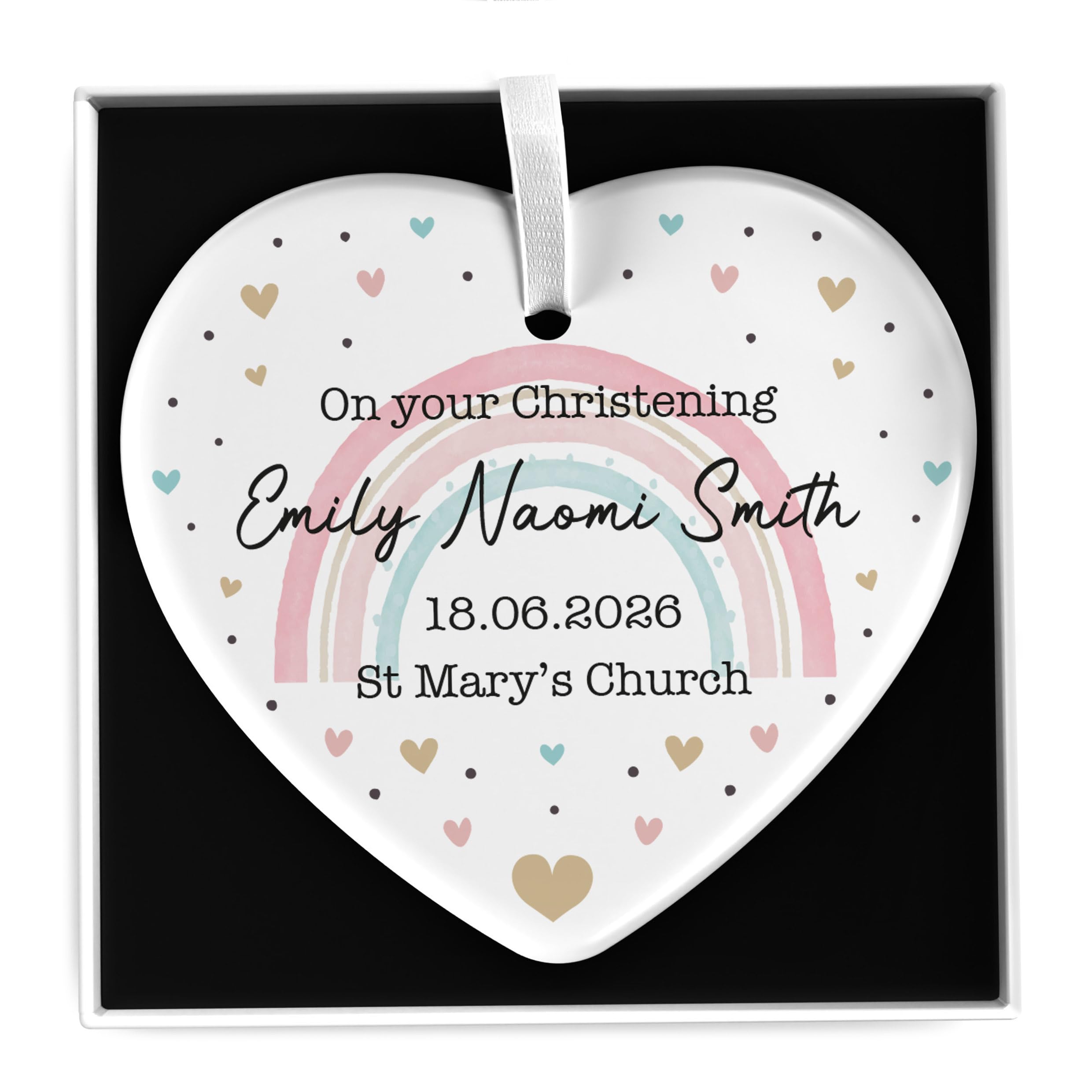 Beecreative Personalised Christening Gifts for Girls - White Ceramic Heart Ornament with Luxury Gift Box - Christening Gift for Goddaughter, Daughter or Niece